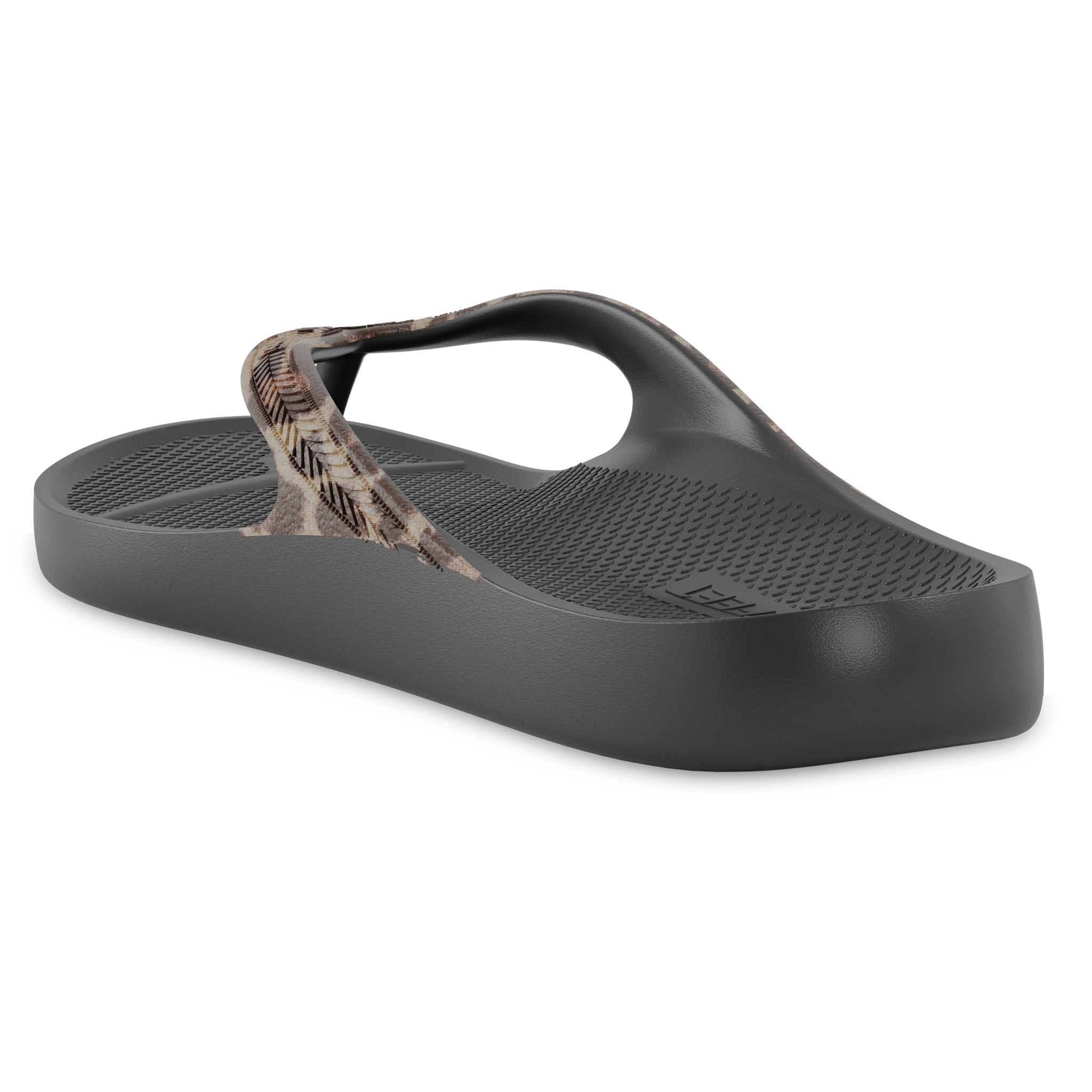 Back angle view of black leopard print Lightfeet Arch Support Flip Flop
