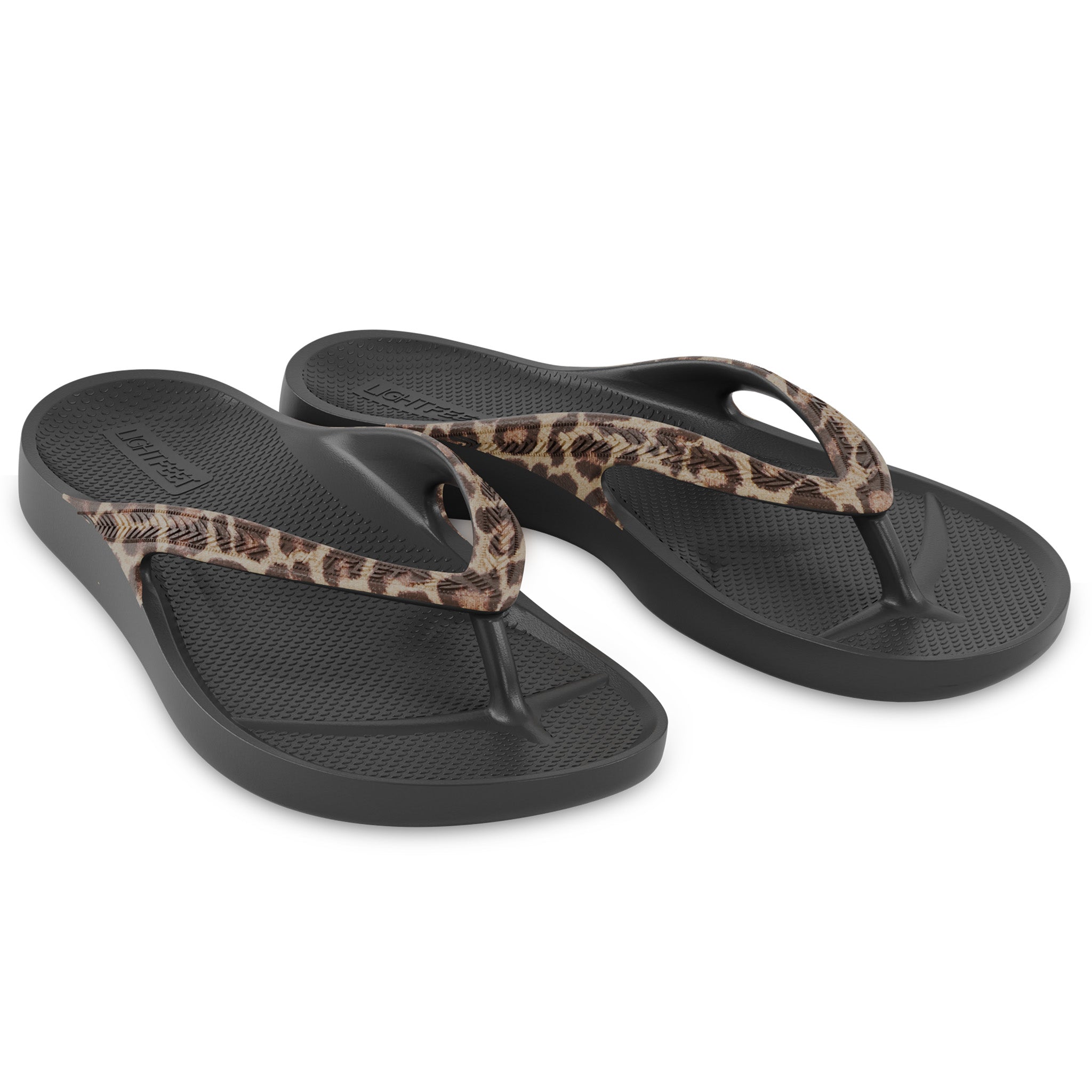 Pair of black leopard print Lightfeet Arch Support Flip Flops