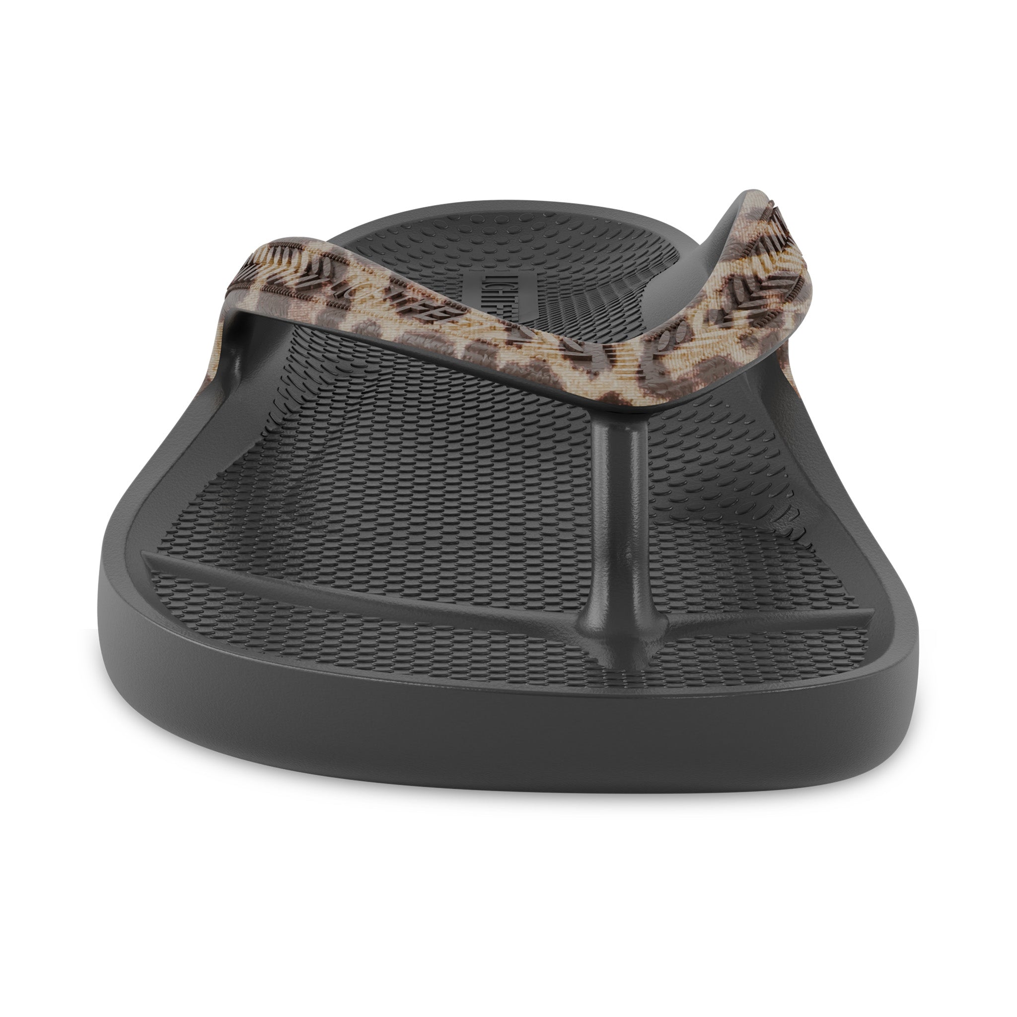 Front view of black leopard print Lightfeet Arch Support Flip Flop