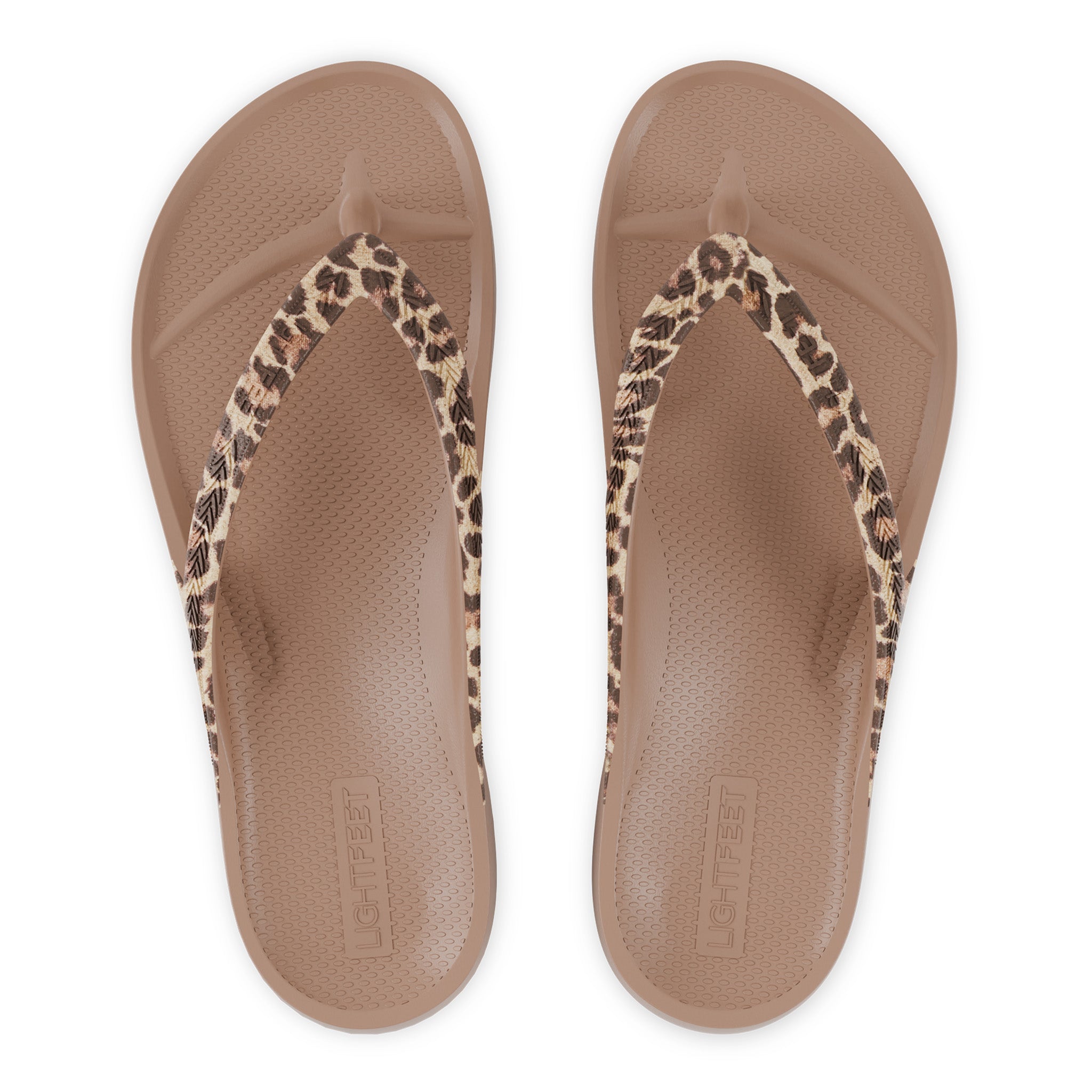 top view of latte leopard print Lightfeet Arch Support Flip Flops