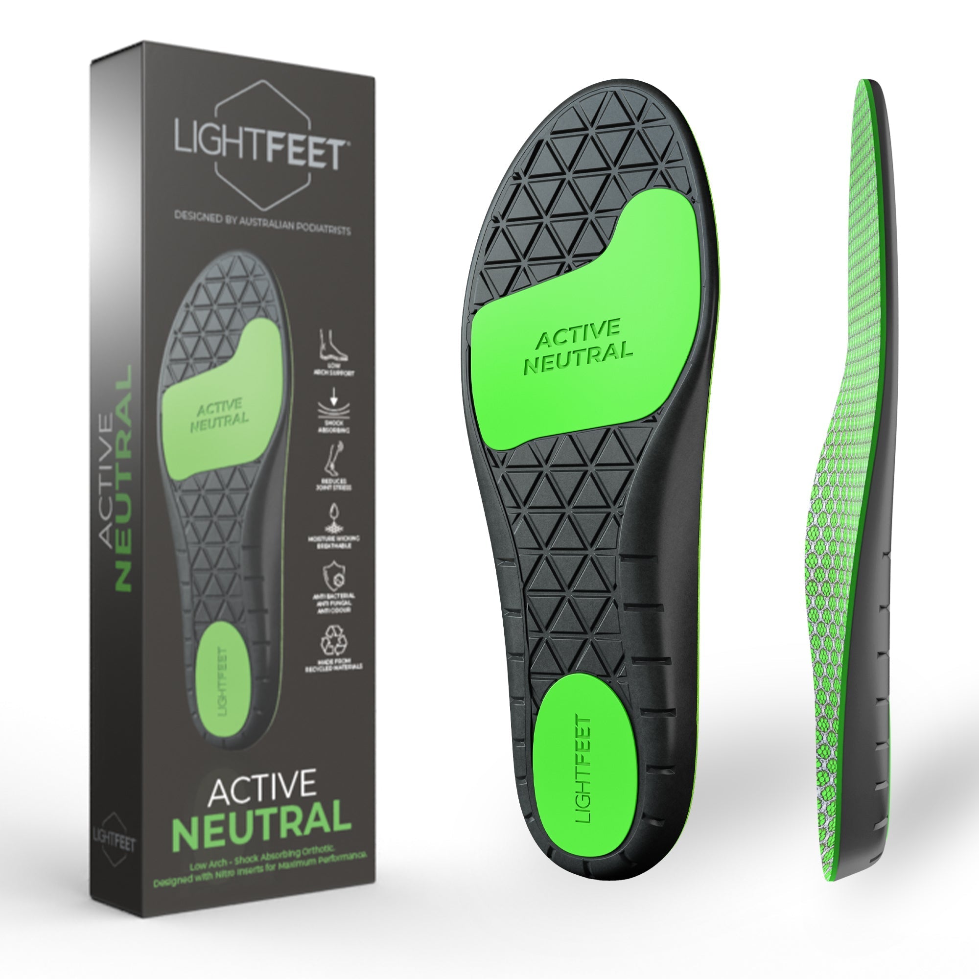 Image of Lightfeet Active Neutral Orthotic Insoles showing the packaging and the bottom and side profile of the insole