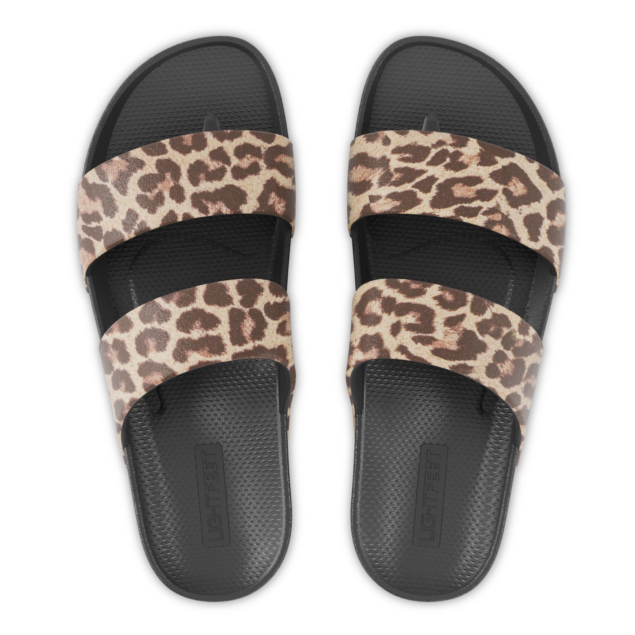 Top view of black leopard print Lightfeet Double Strap Slides