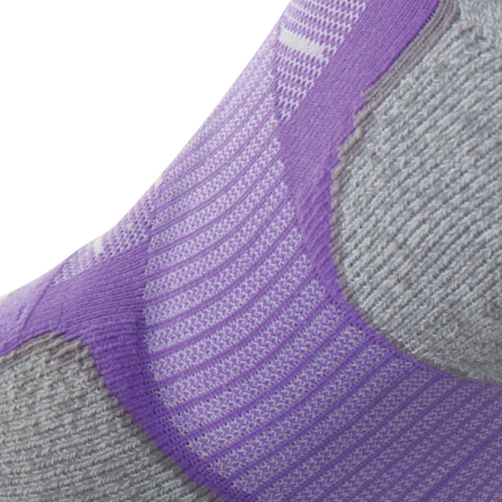 Close up view of elastic arch of Lightfeet Evolution Violet Mini Performance Running Sock
