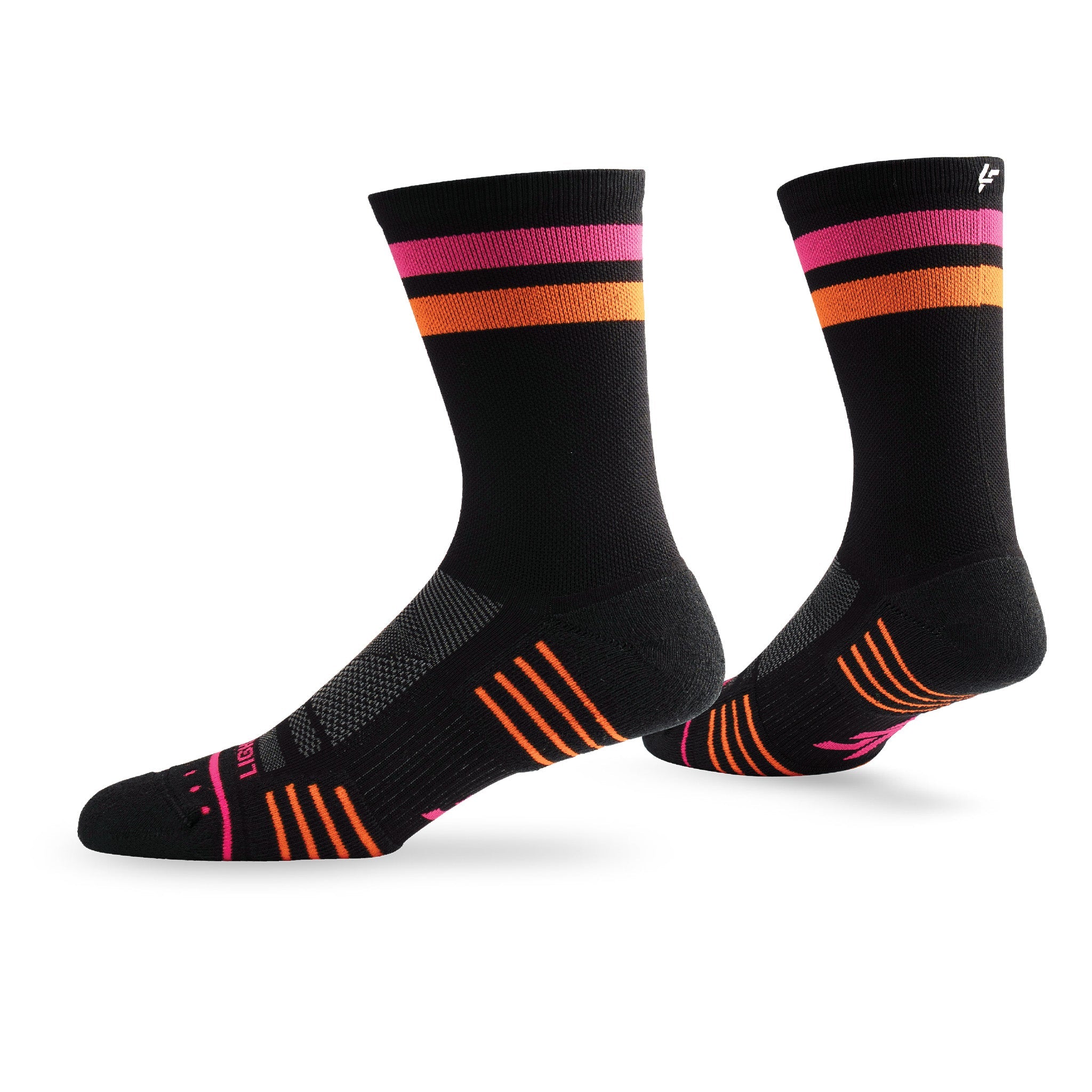 Pair of Lightfeet Performance 2 Stripes Black Pink Orange Crew Socks