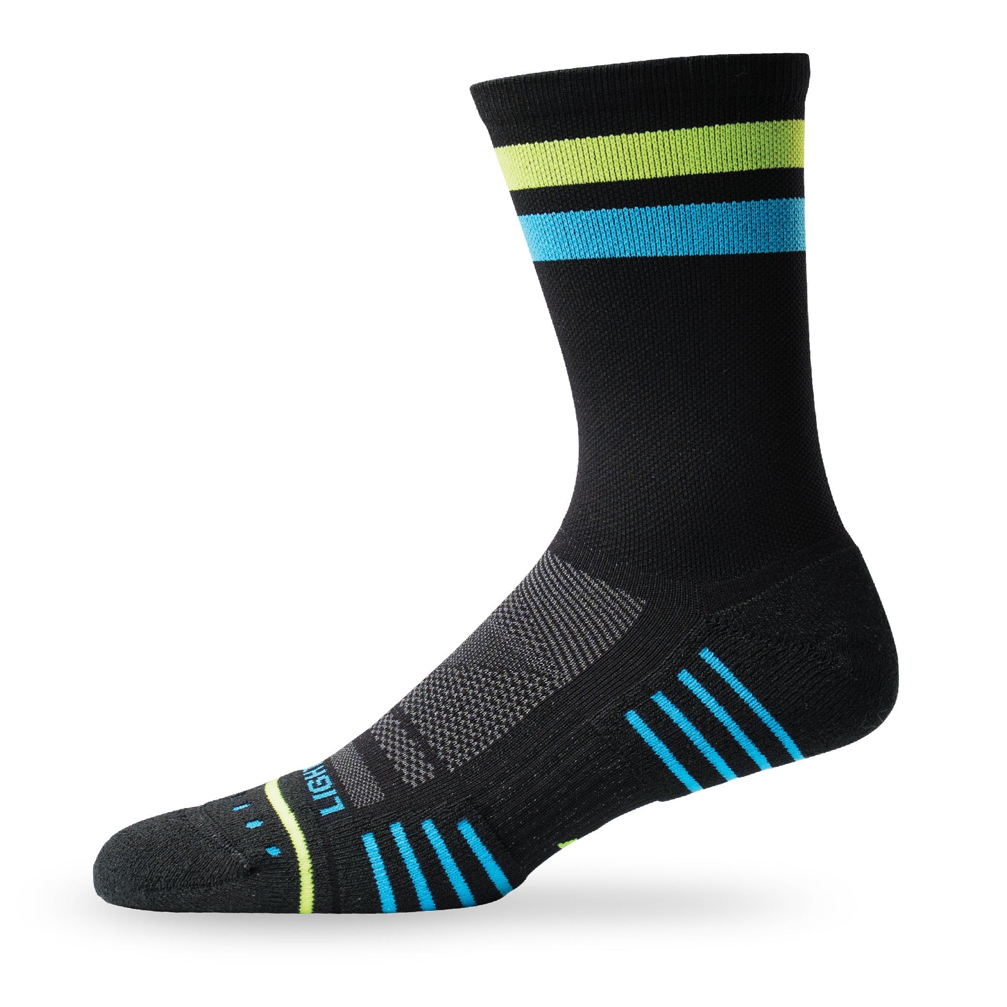 Side view of Lightfeet Performance 2 Stripes Black Yellow Aqua Crew Socks