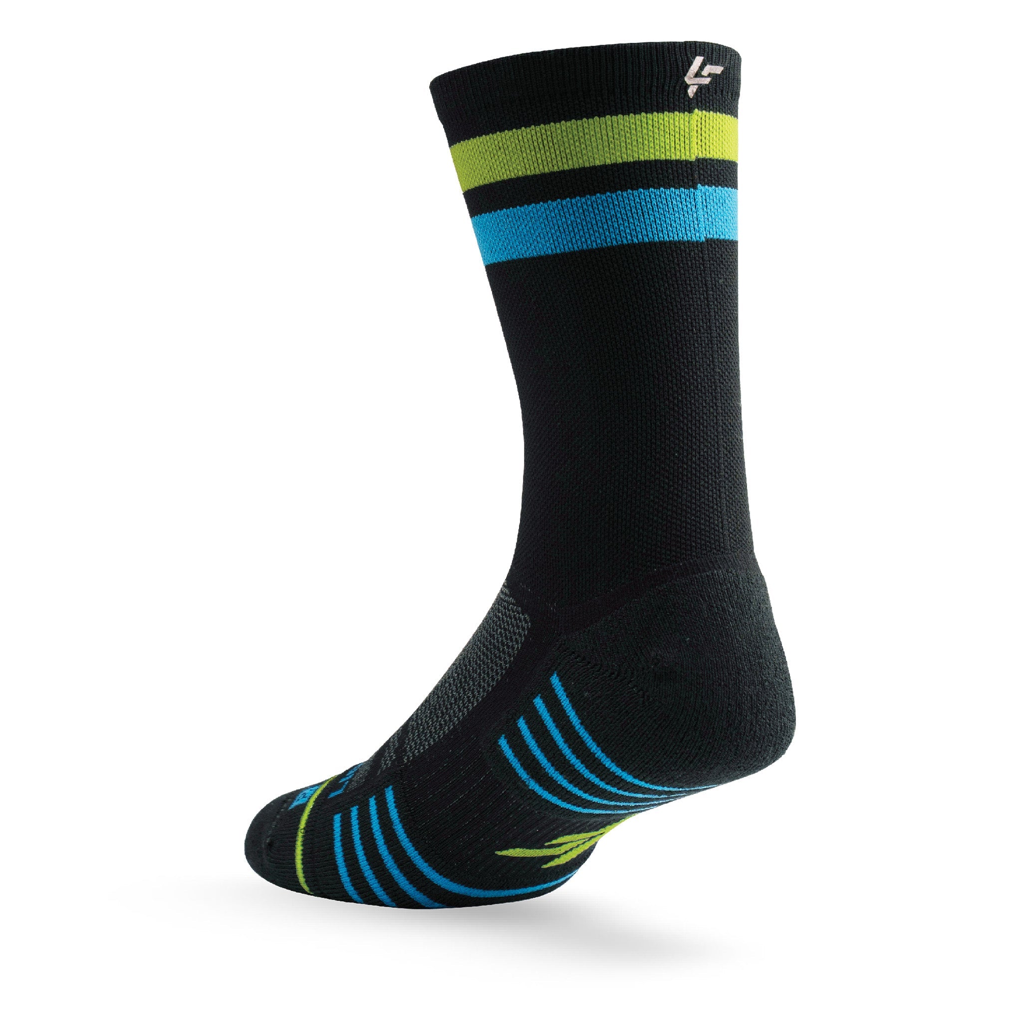 Heel view of Lightfeet Performance 2 Stripes Black Yellow Aqua Crew Socks