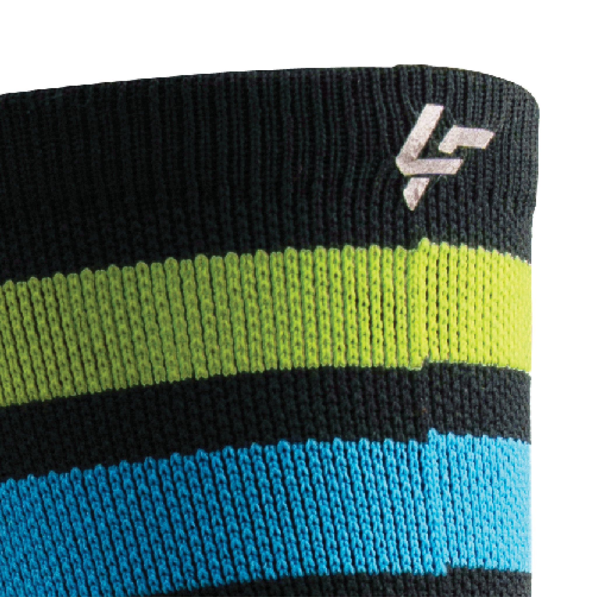 Close up view of reflective print symbol on Lightfeet Performance 2 Stripes Black Yellow Aqua Crew Socks