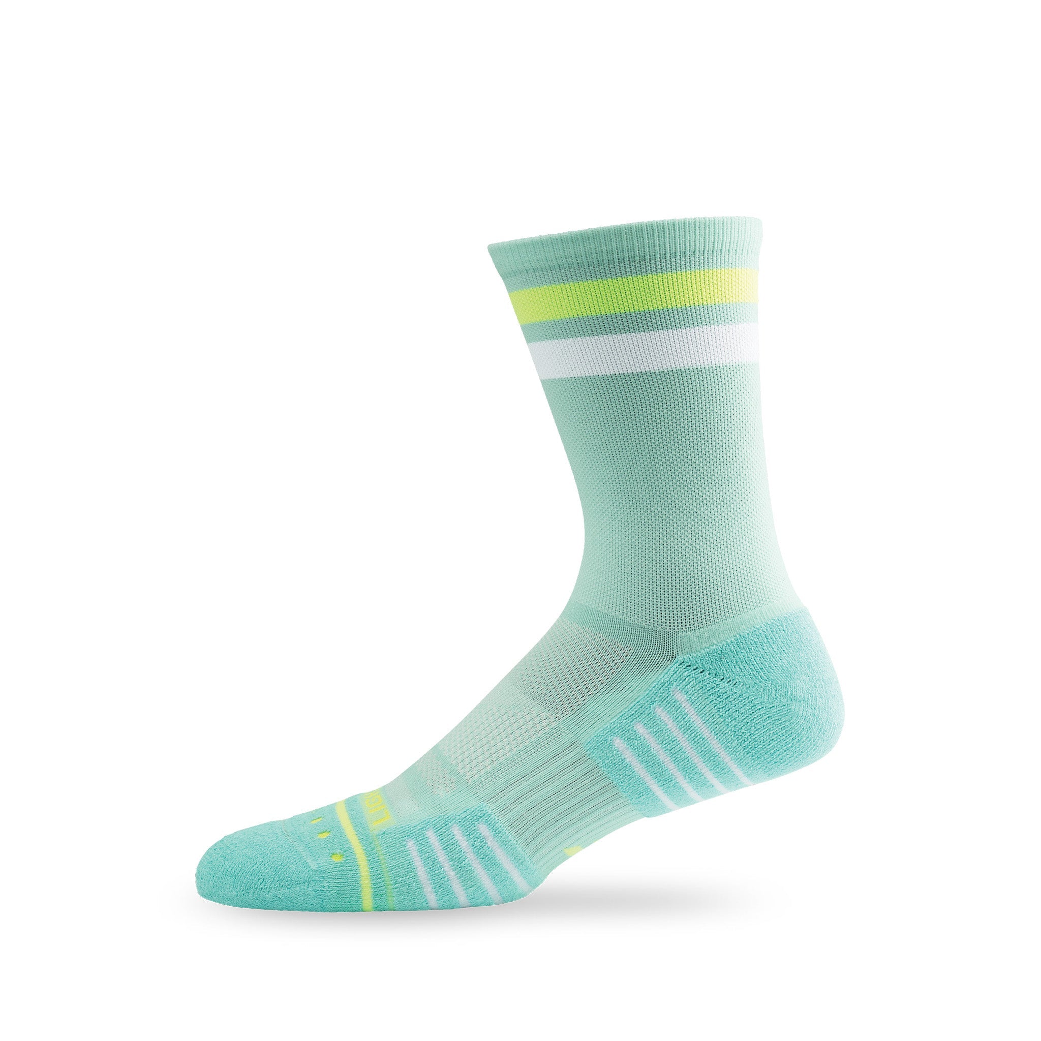 Side view of Lightfeet Performance 2 Stripes Glacier Yellow White Crew Socks