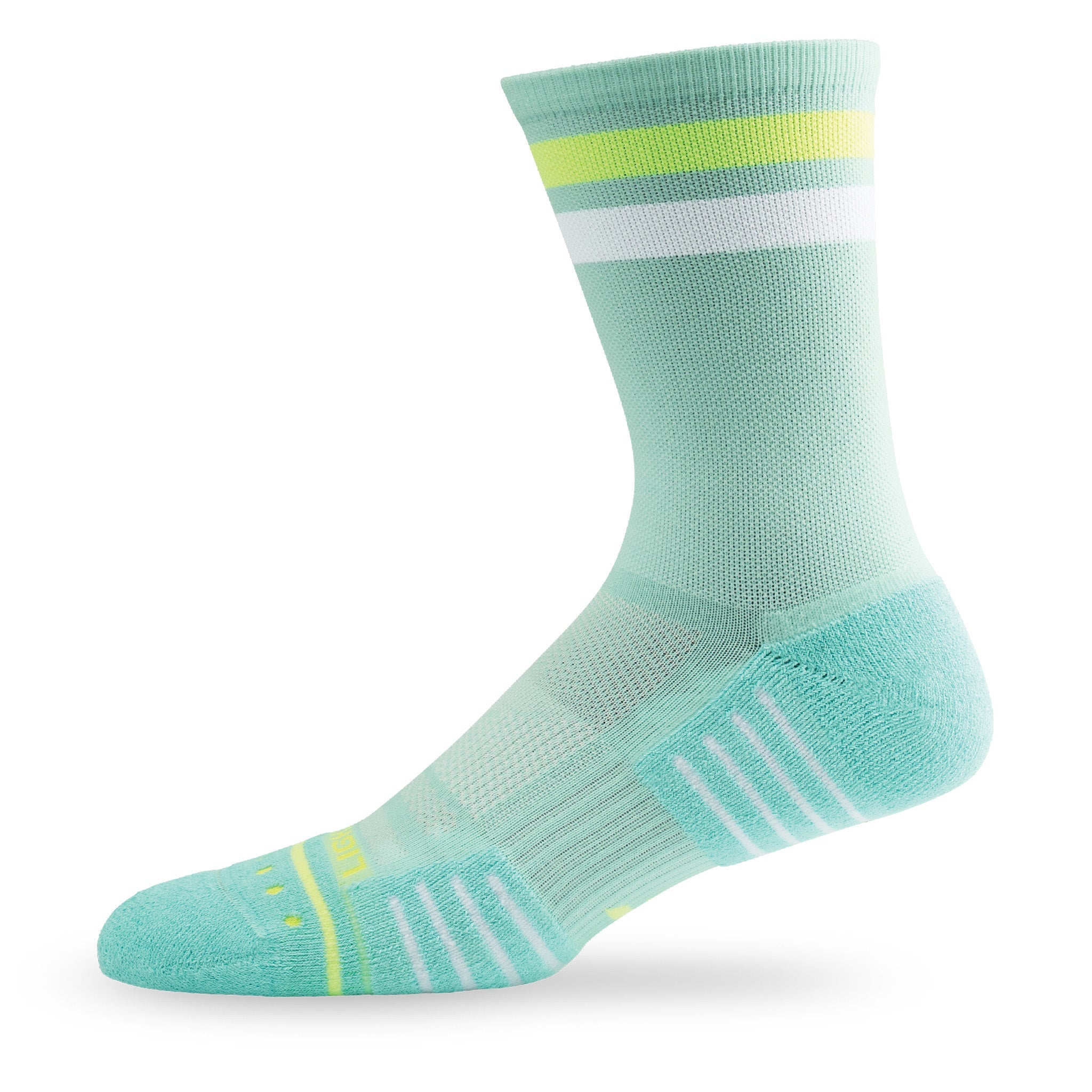 Side view of Lightfeet Performance 2 Stripes Glacier Yellow White Crew Socks