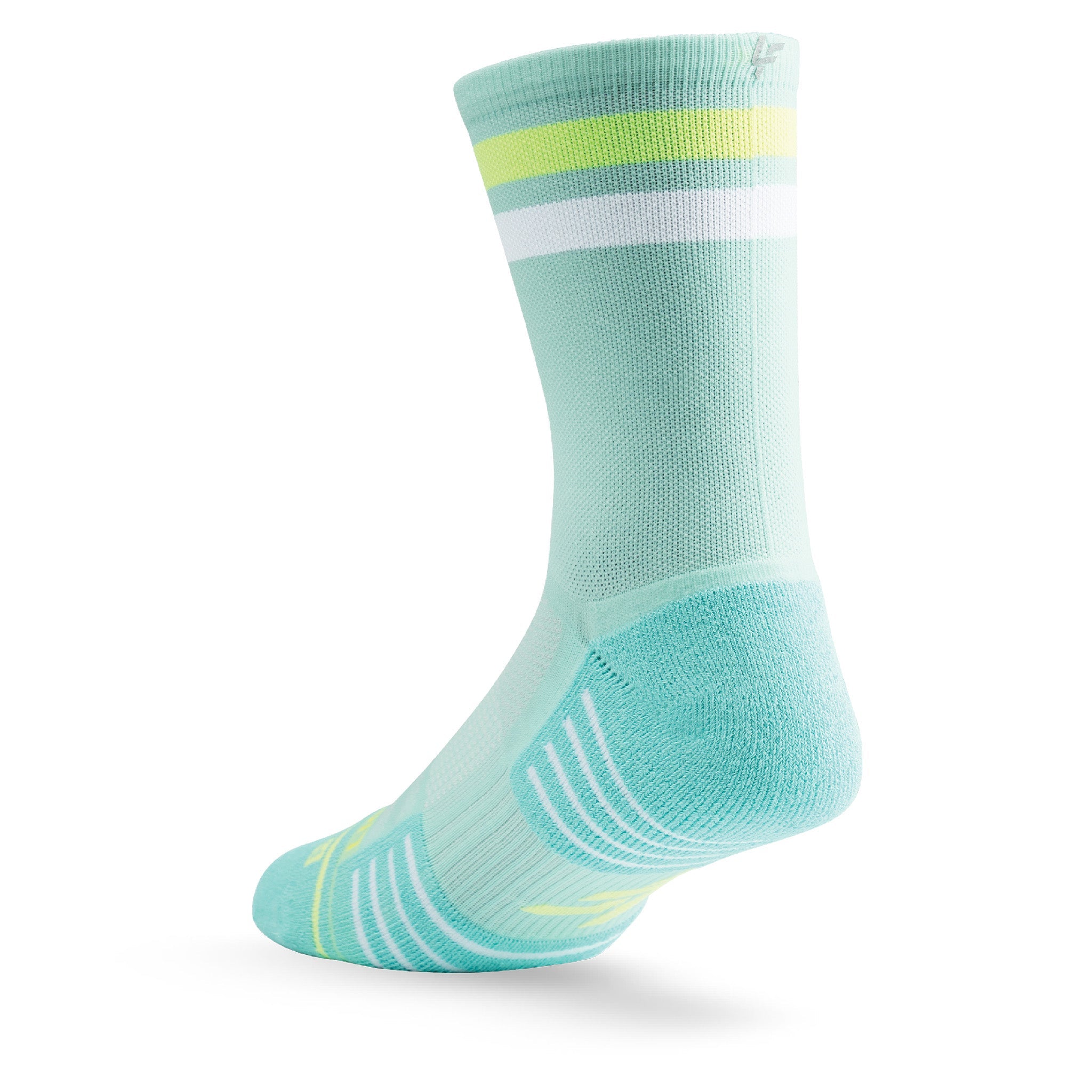 Heel view of Lightfeet Performance 2 Stripes Glacier Yellow White Crew Socks