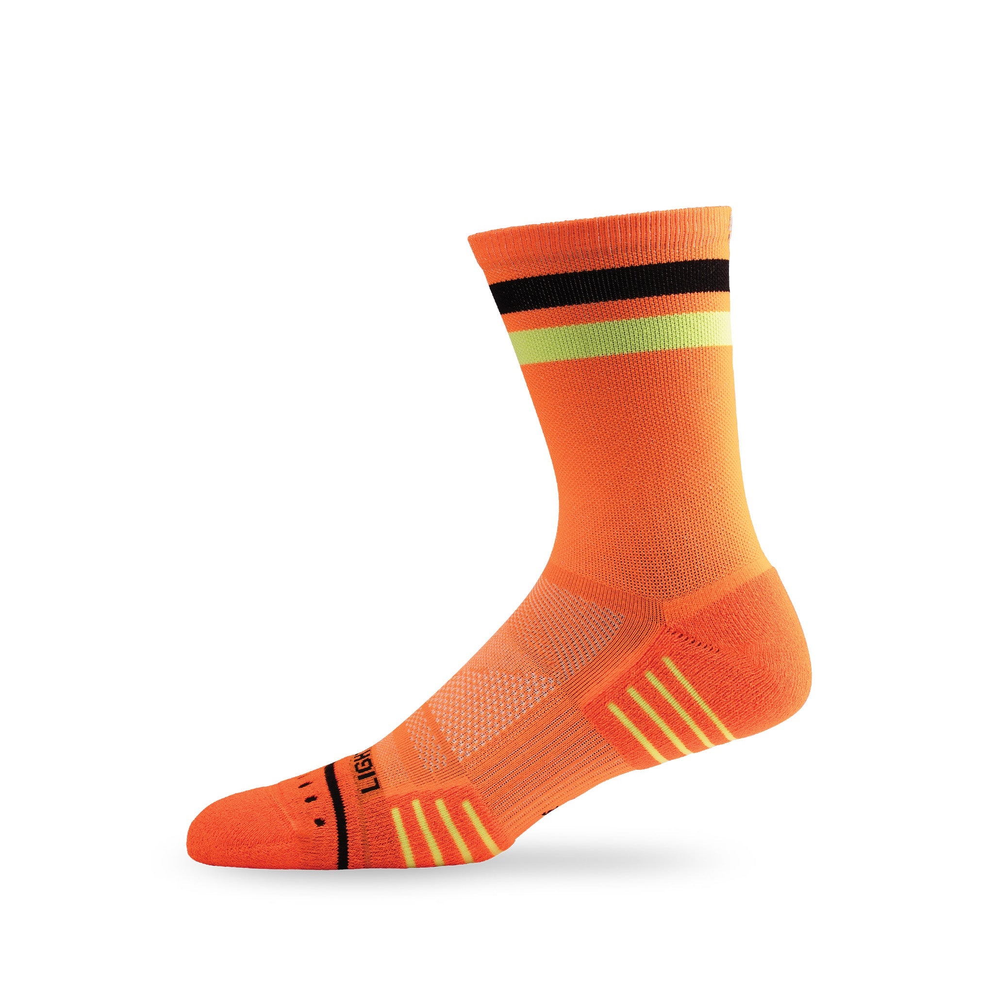 Side view of Lightfeet Performance 2 Stripes Orange Black Yellow Crew Socks