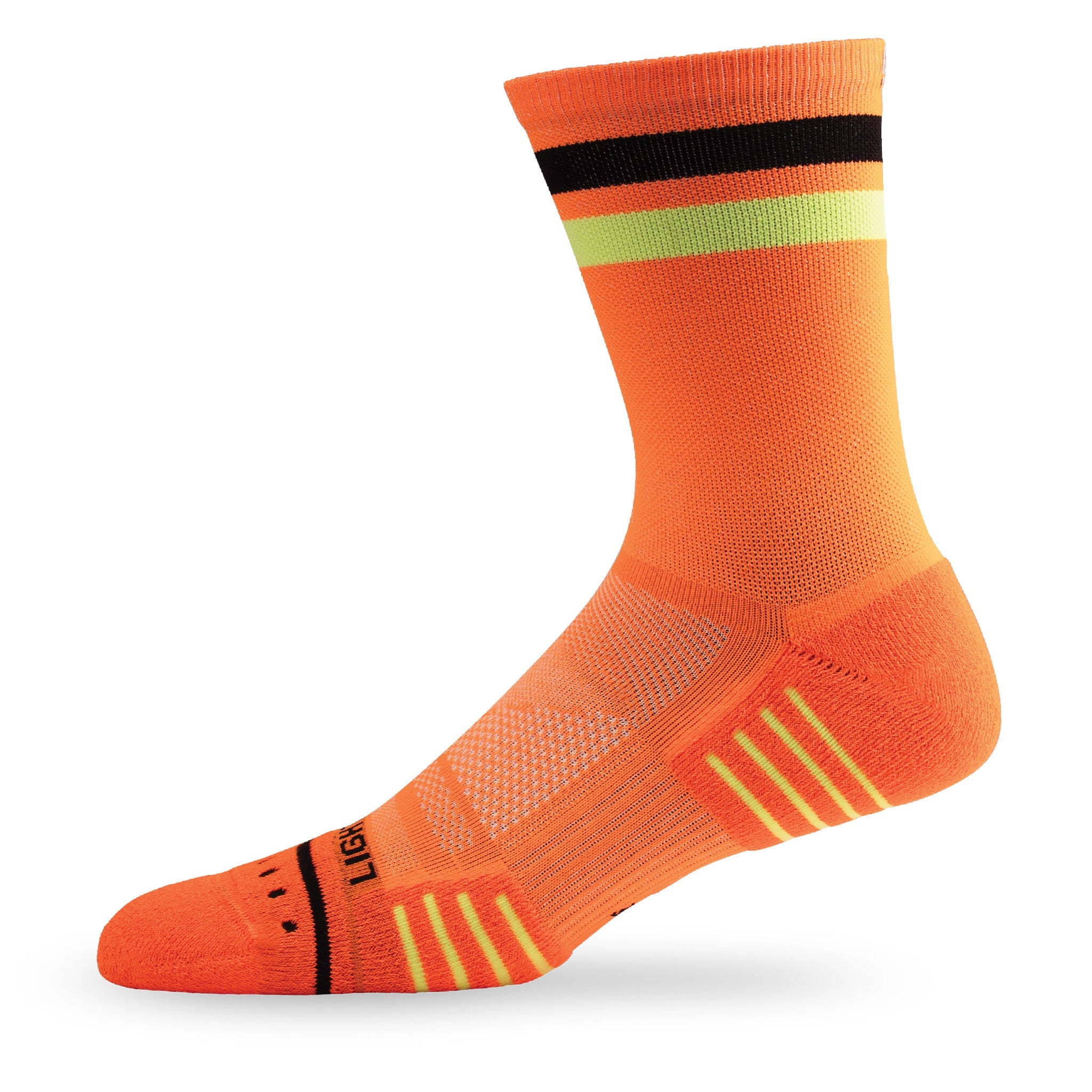 Side view of Lightfeet Performance 2 Stripes Orange Black Yellow Crew Socks