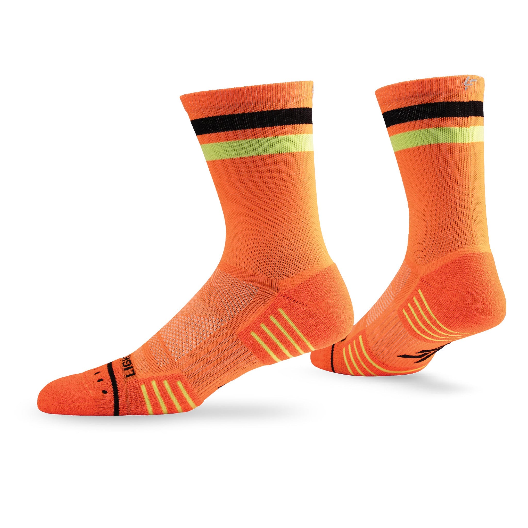 Pair of Lightfeet Performance 2 Stripes Orange Black Yellow Crew Socks