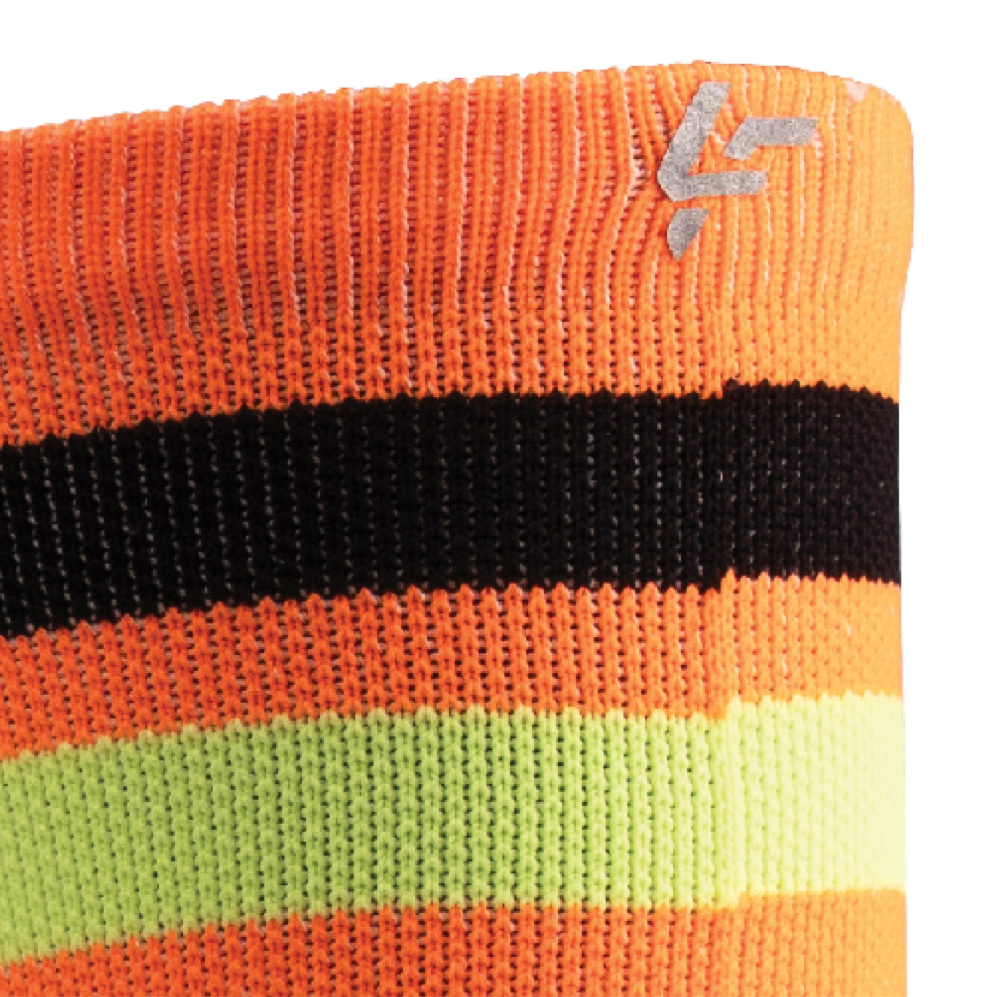 Close up view of reflective print symbol on Lightfeet Performance 2 Stripes Orange Black Yellow Crew Socks