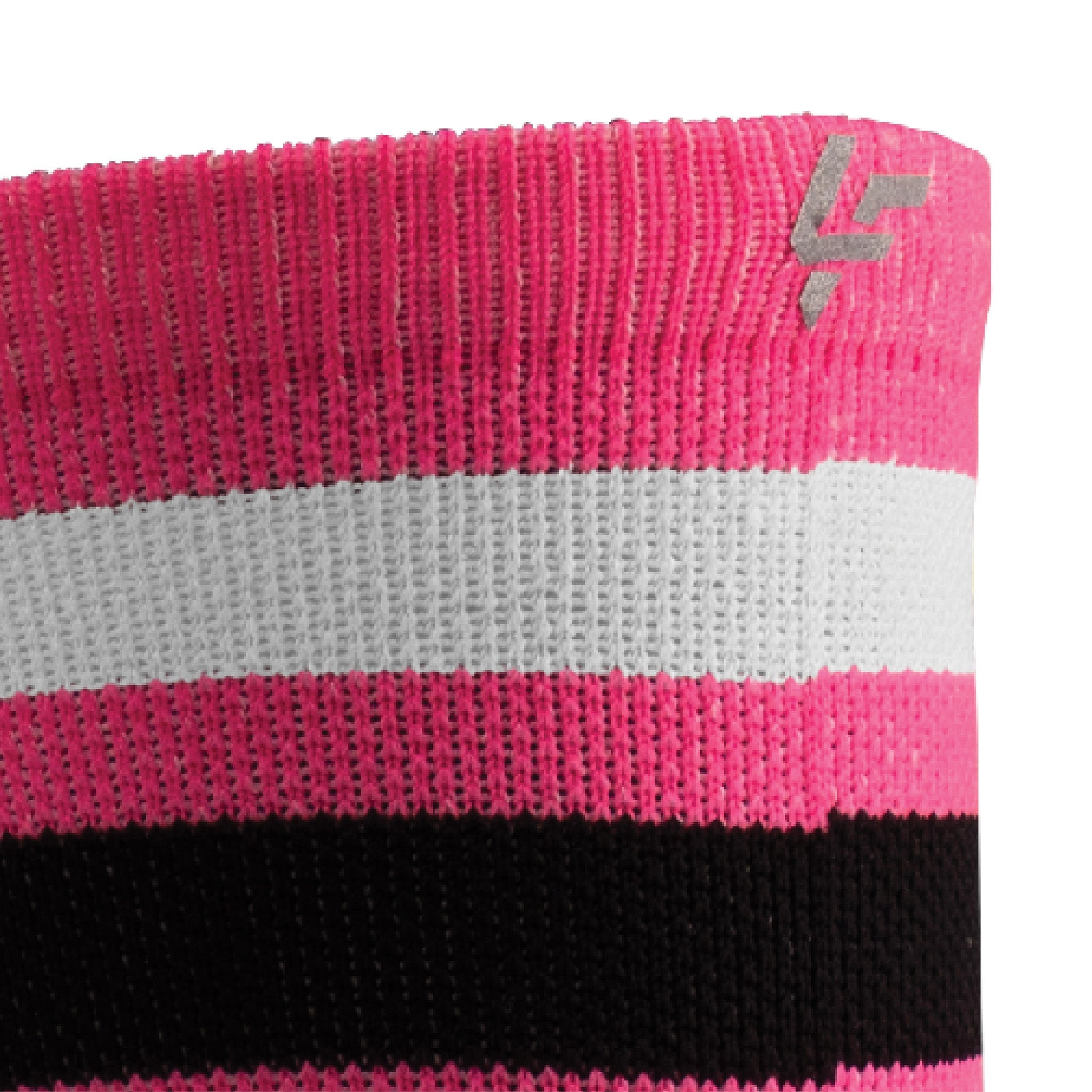 Close up view of reflective print symbol on Lightfeet Performance 2 Stripes Pink White Black Crew Socks