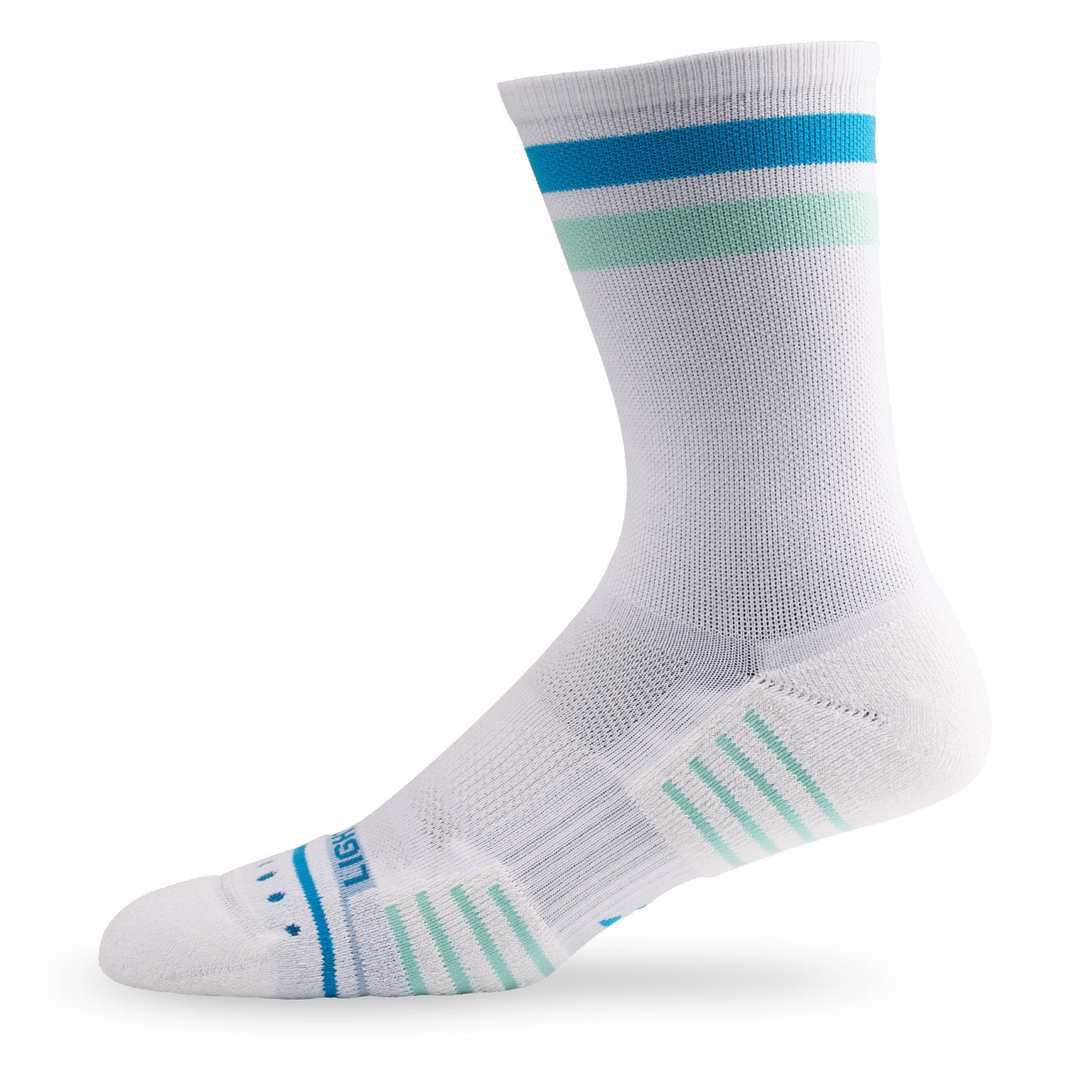 Side view of Lightfeet Performance 2 Stripes White Blue Glacier Crew Socks