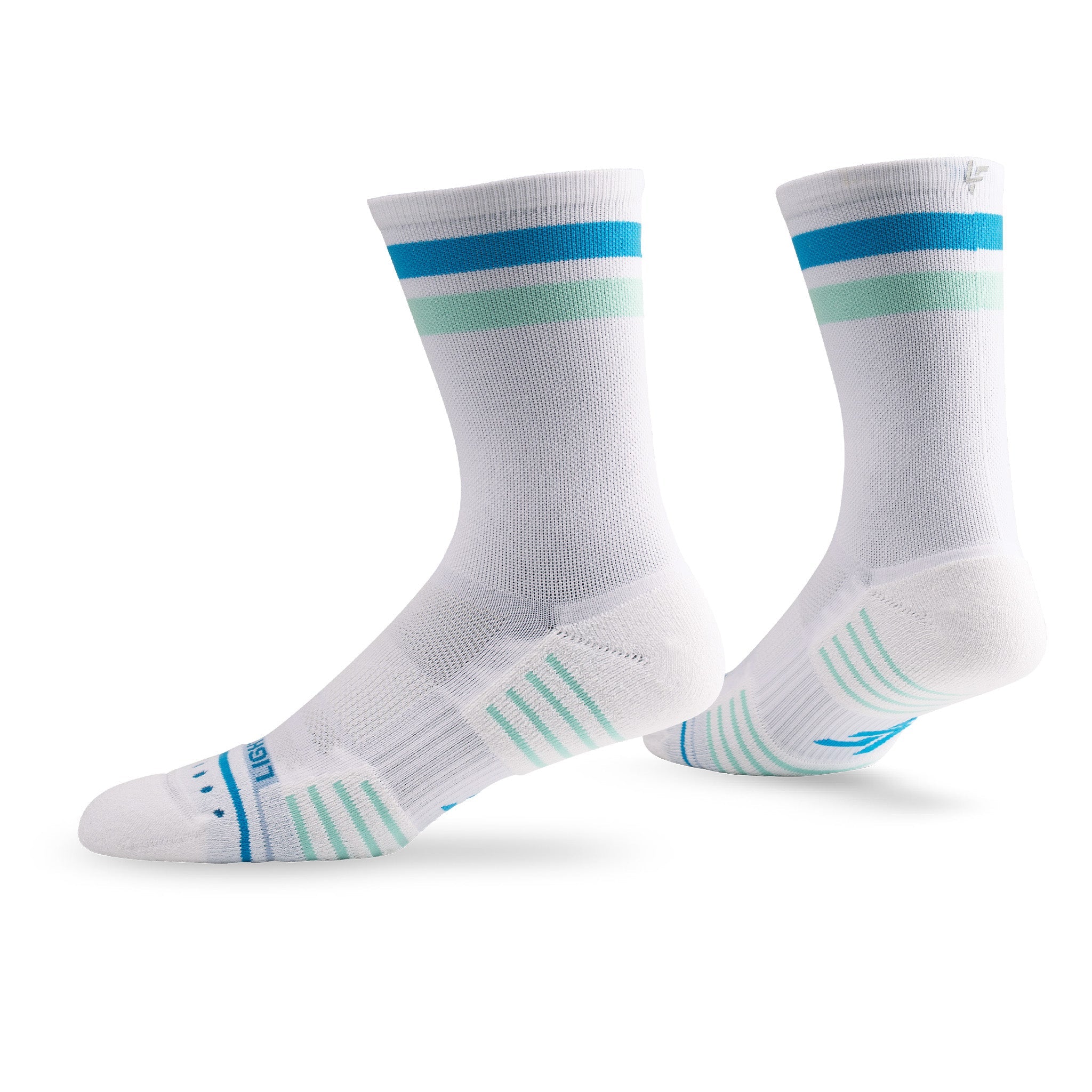 Pair of Lightfeet Performance 2 Stripes White Blue Glacier Crew Socks