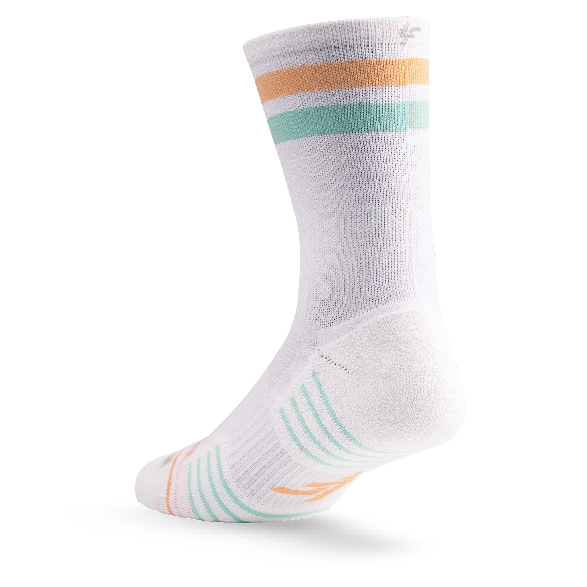 Heel view of Lightfeet Performance 2 Stripes White Coral Glacier Crew Socks