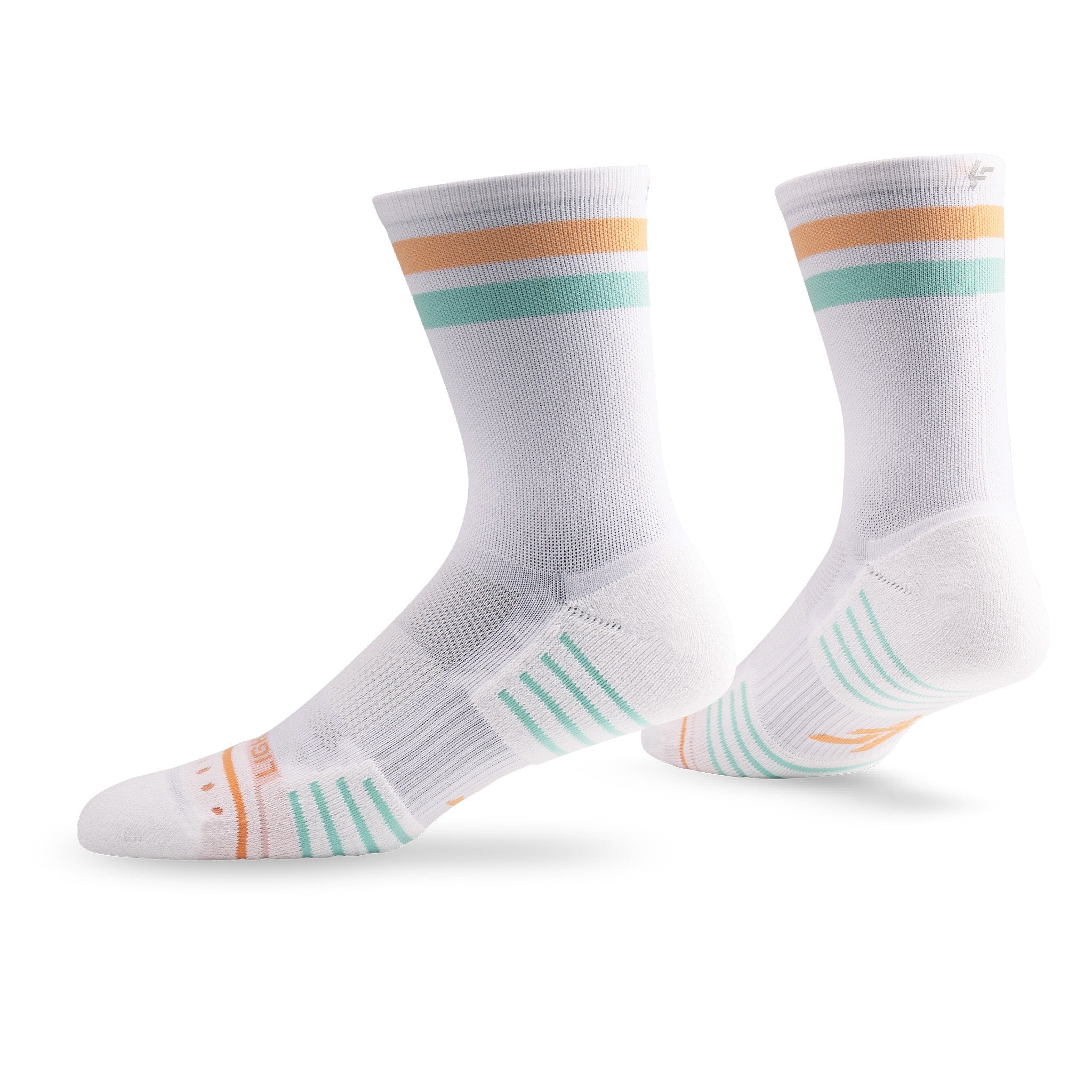 Pair of Lightfeet Performance 2 Stripes White Coral Glacier Crew Socks