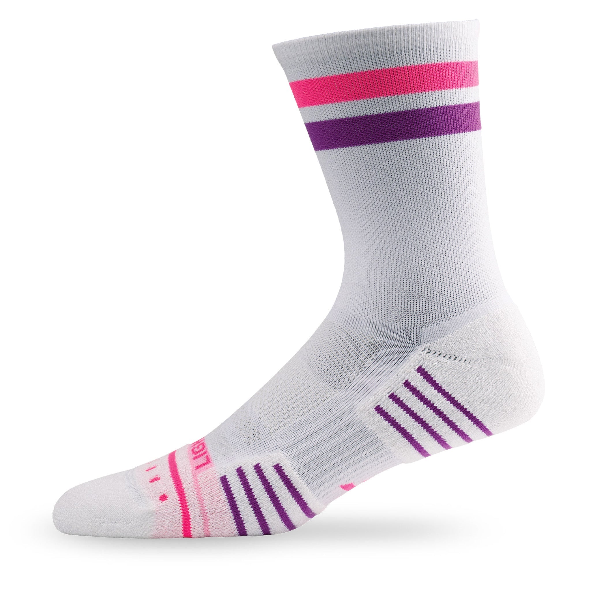 Side view of Lightfeet Performance 2 Stripes White Pink Purple Crew Socks
