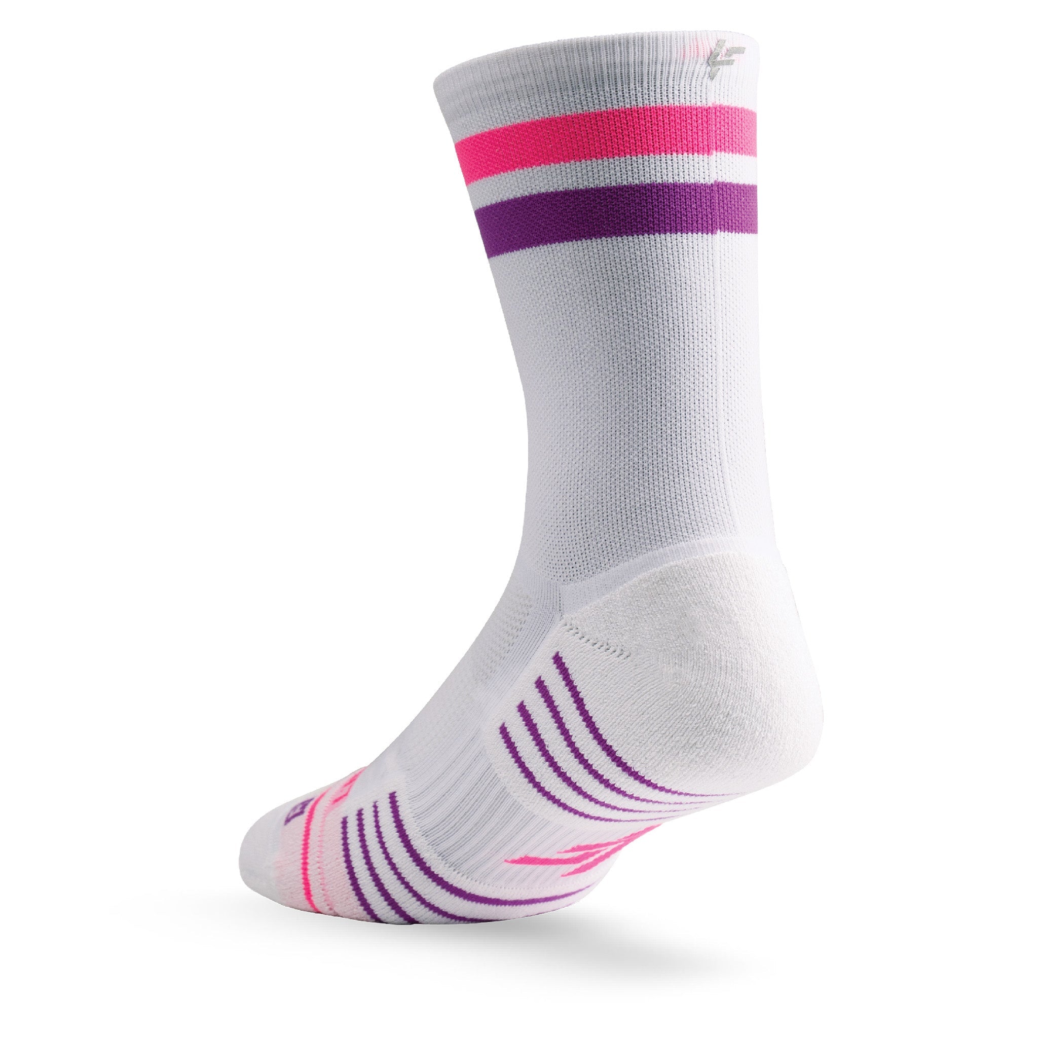 Heel view of Lightfeet Performance 2 Stripes White Pink Purple Crew Socks