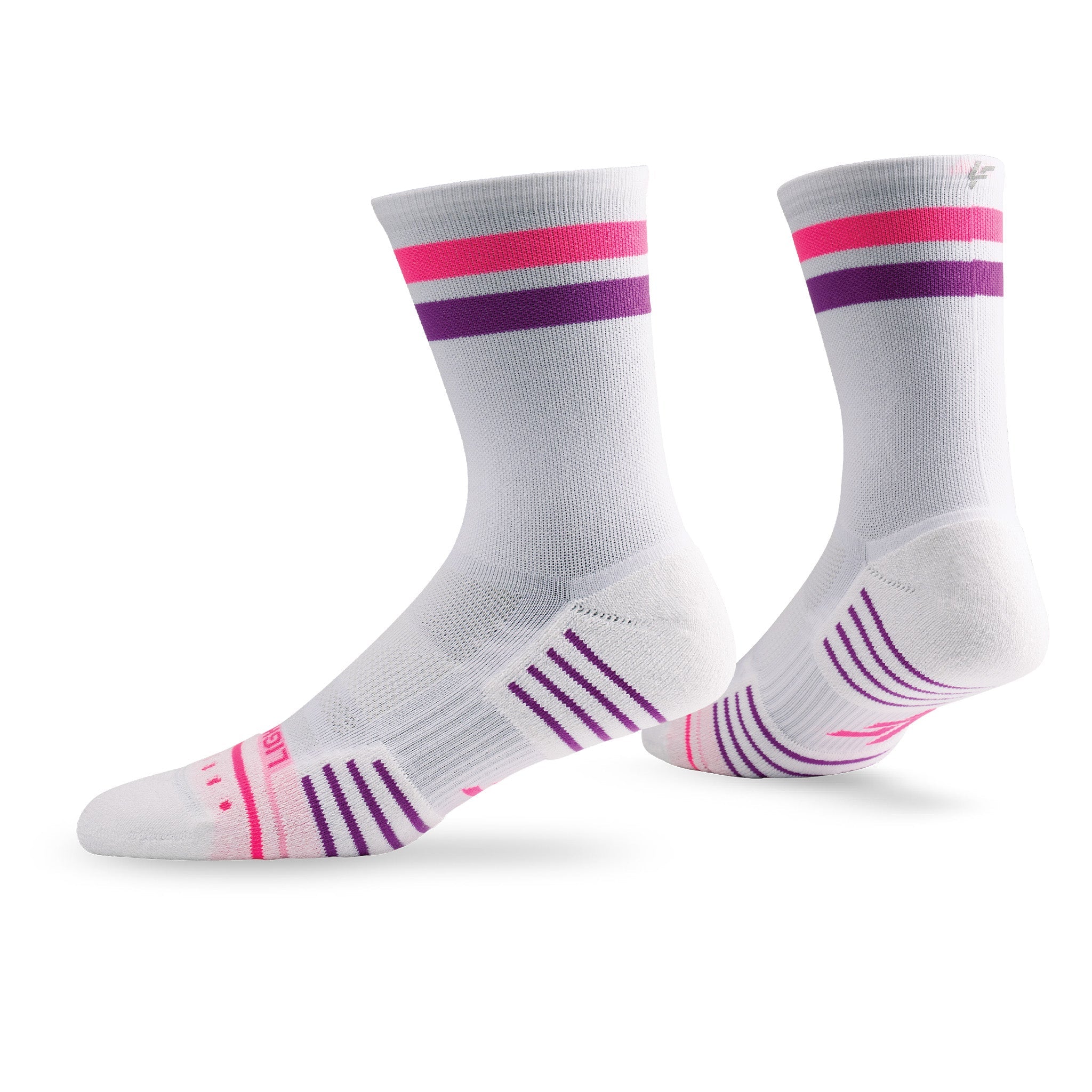Pair of Lightfeet Performance 2 Stripes White Pink Purple Crew Socks