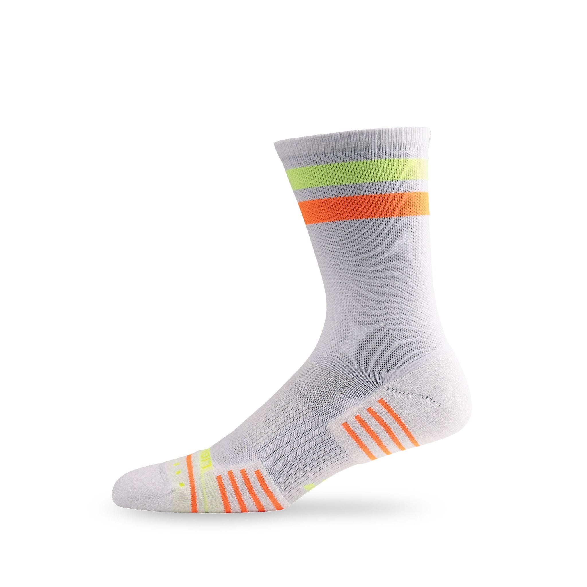 Side view of Lightfeet Performance 2 Stripes White Yellow Orange Crew Socks