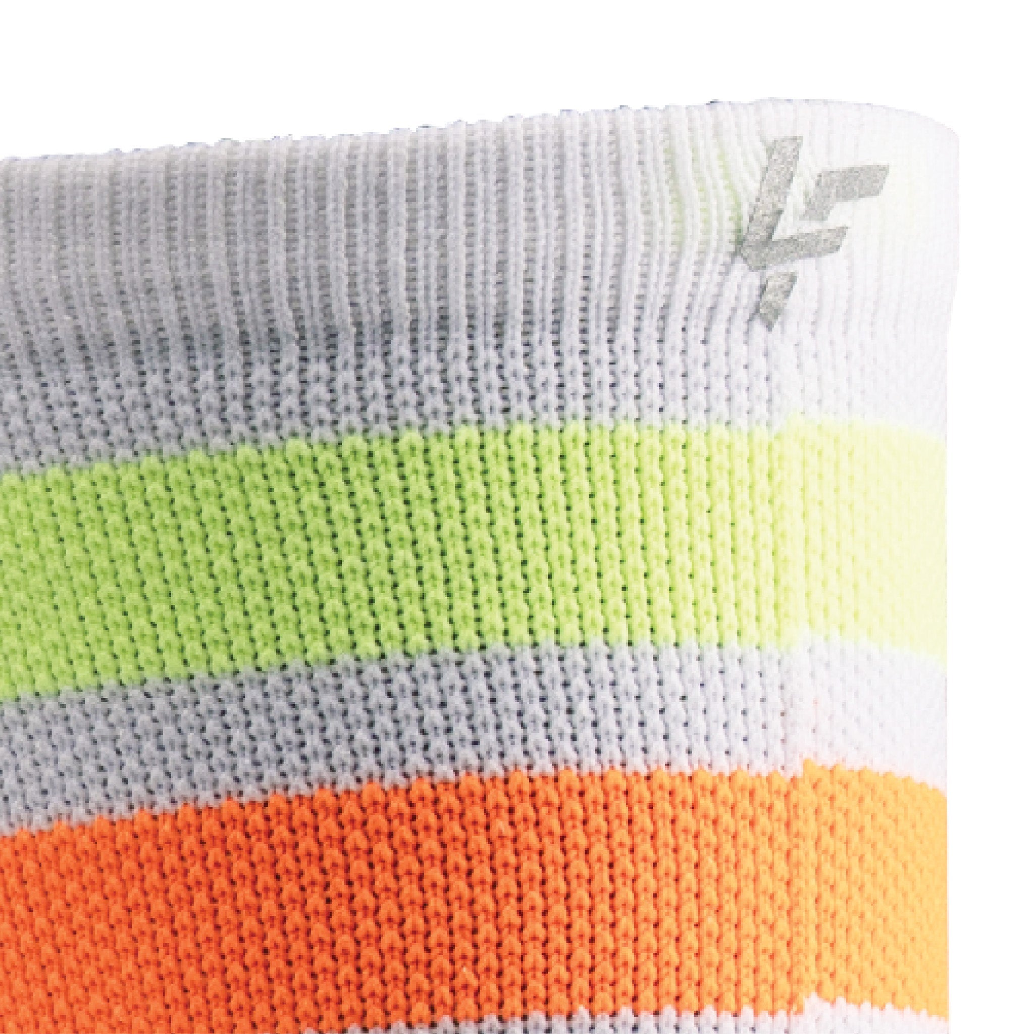 Close up view of reflective print symbol on Lightfeet Performance 2 Stripes White Yellow Orange Crew Socks