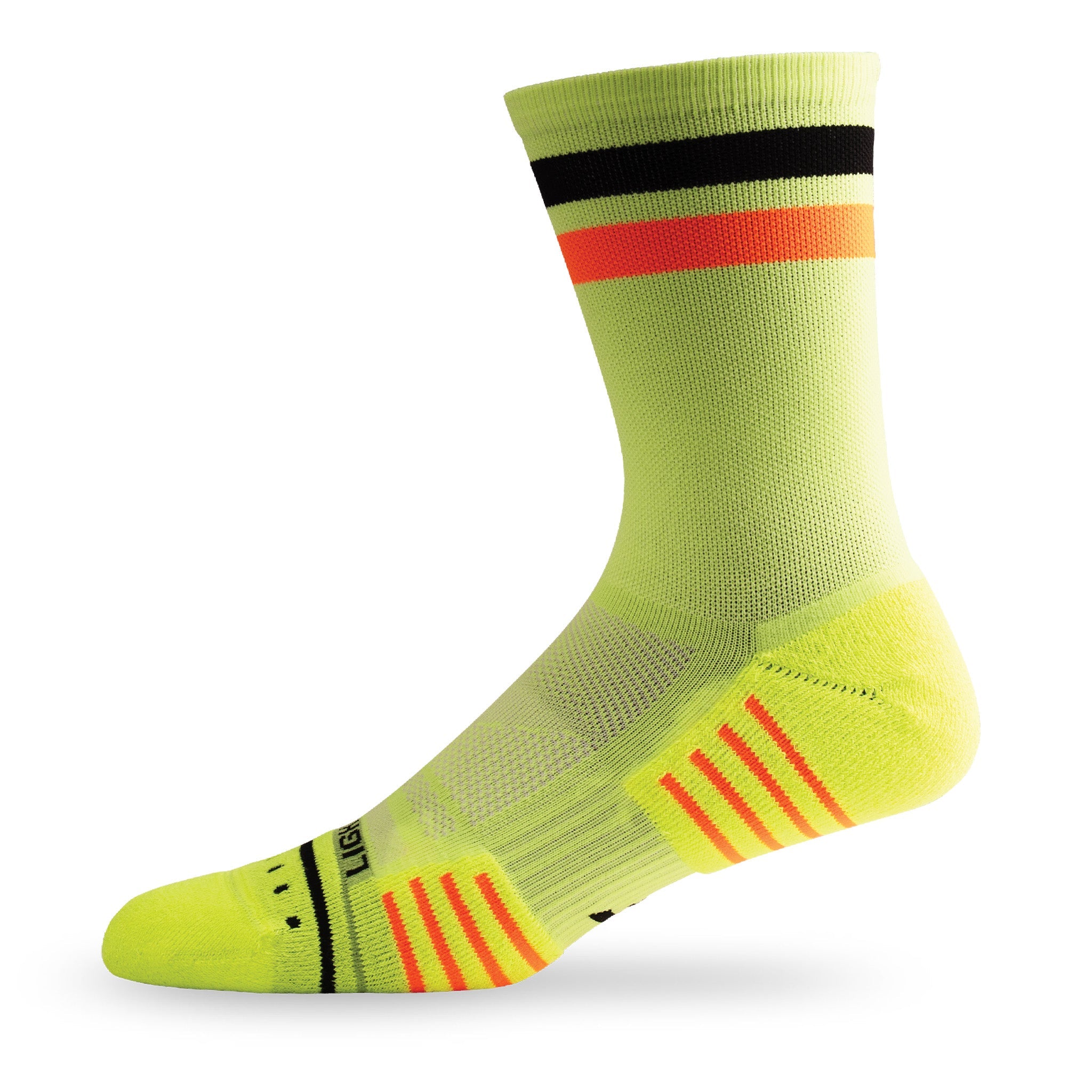 Side view of Lightfeet Performance 2 Stripes Yellow Black Orange Crew Socks