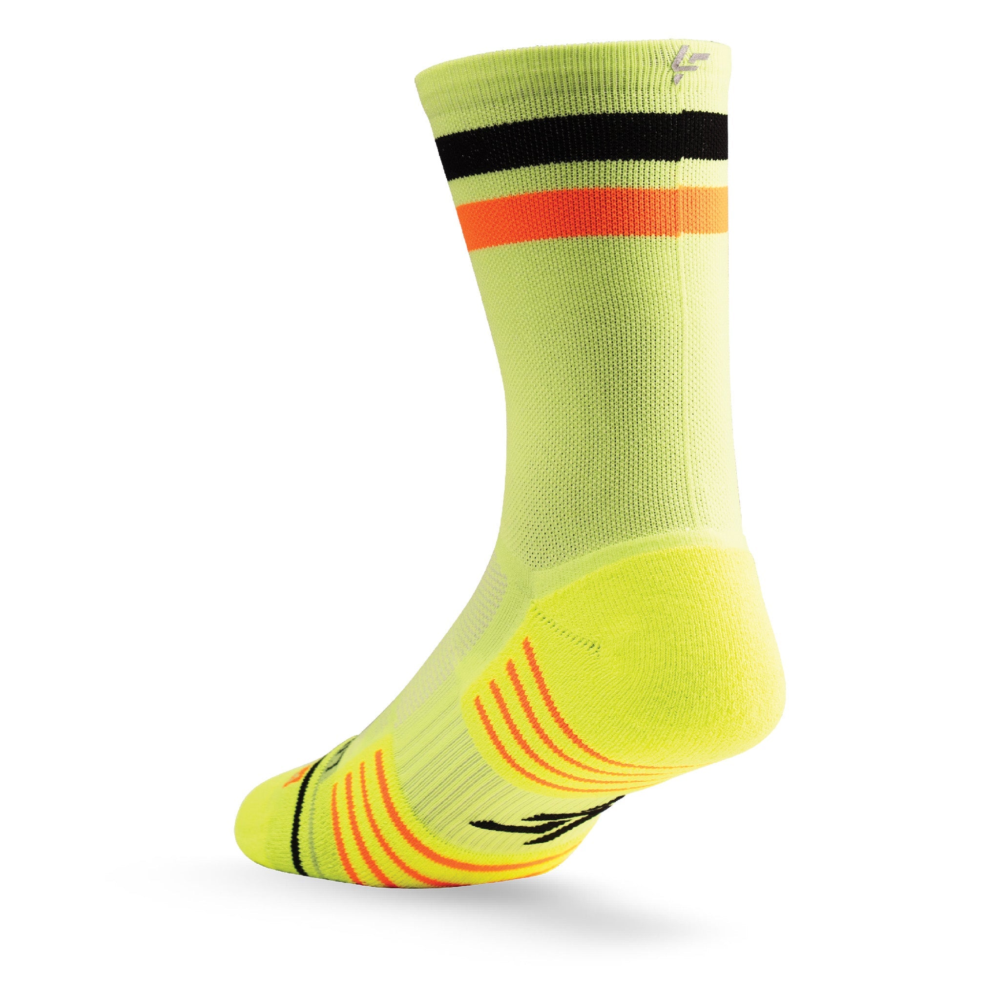 Heel view of Lightfeet Performance 2 Stripes Yellow Black Orange Crew Socks