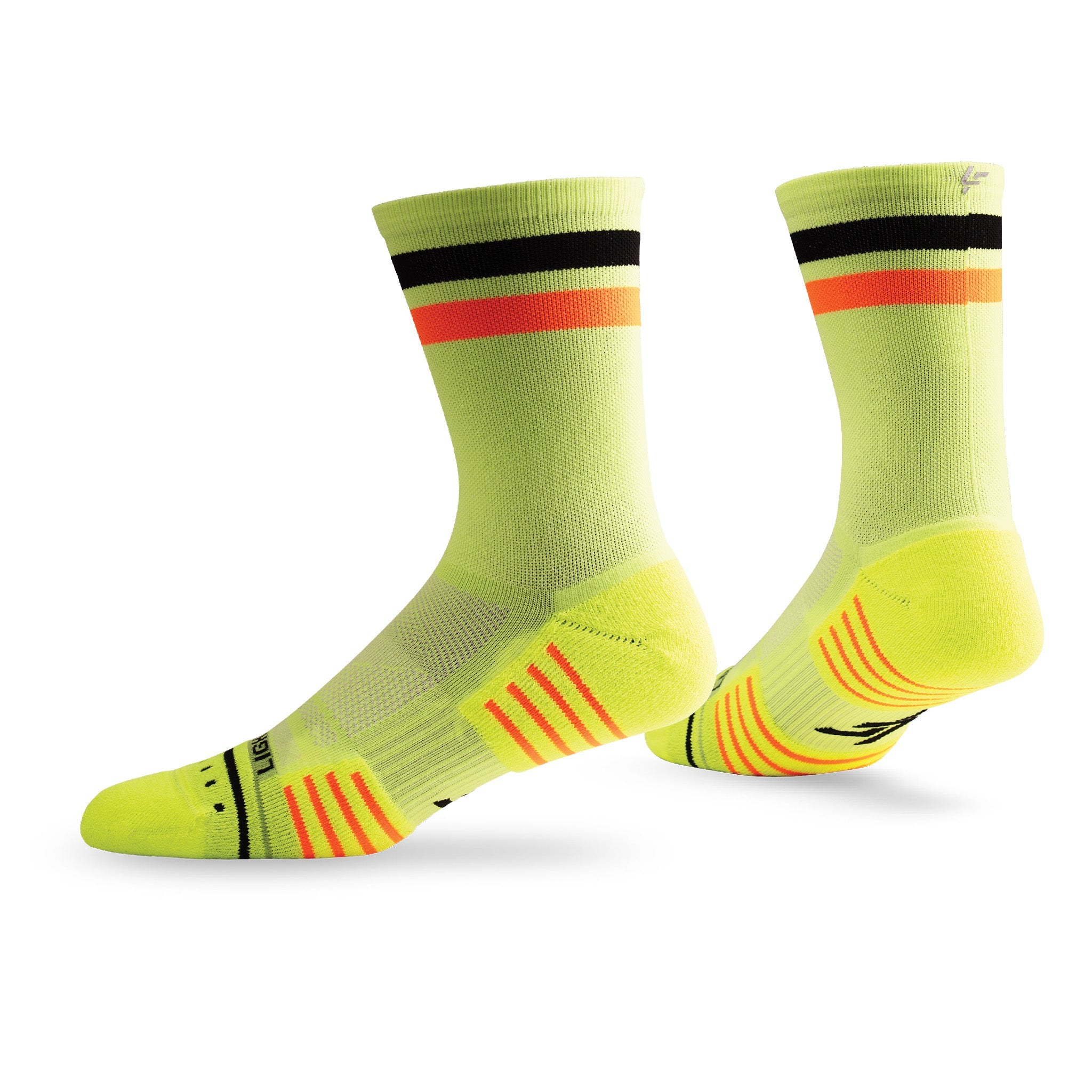 Pair of Lightfeet Performance 2 Stripes Yellow Black Orange Crew Socks