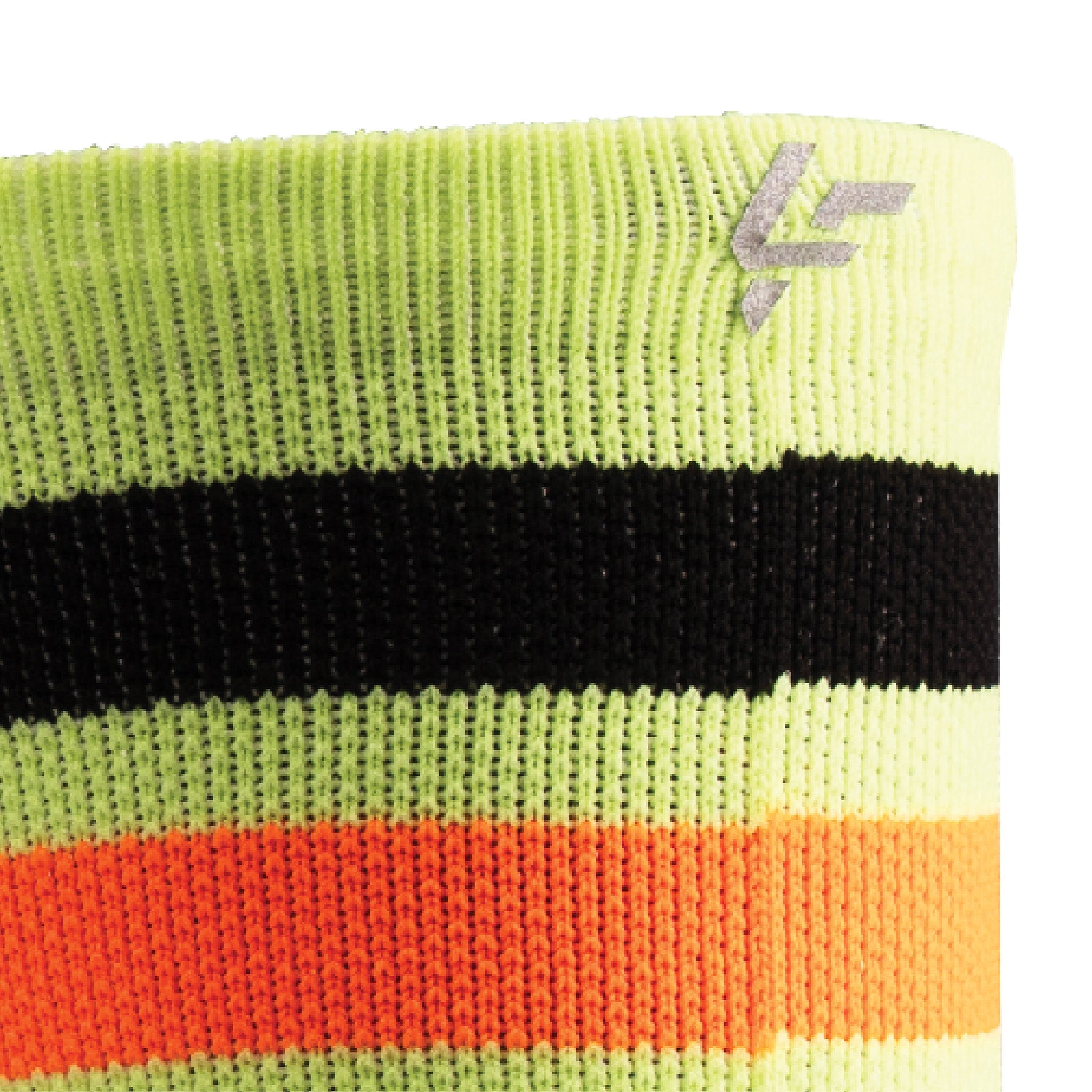 Close up view of reflective print symbol on Lightfeet Performance 2 Stripes Yellow Black Orange Crew Socks