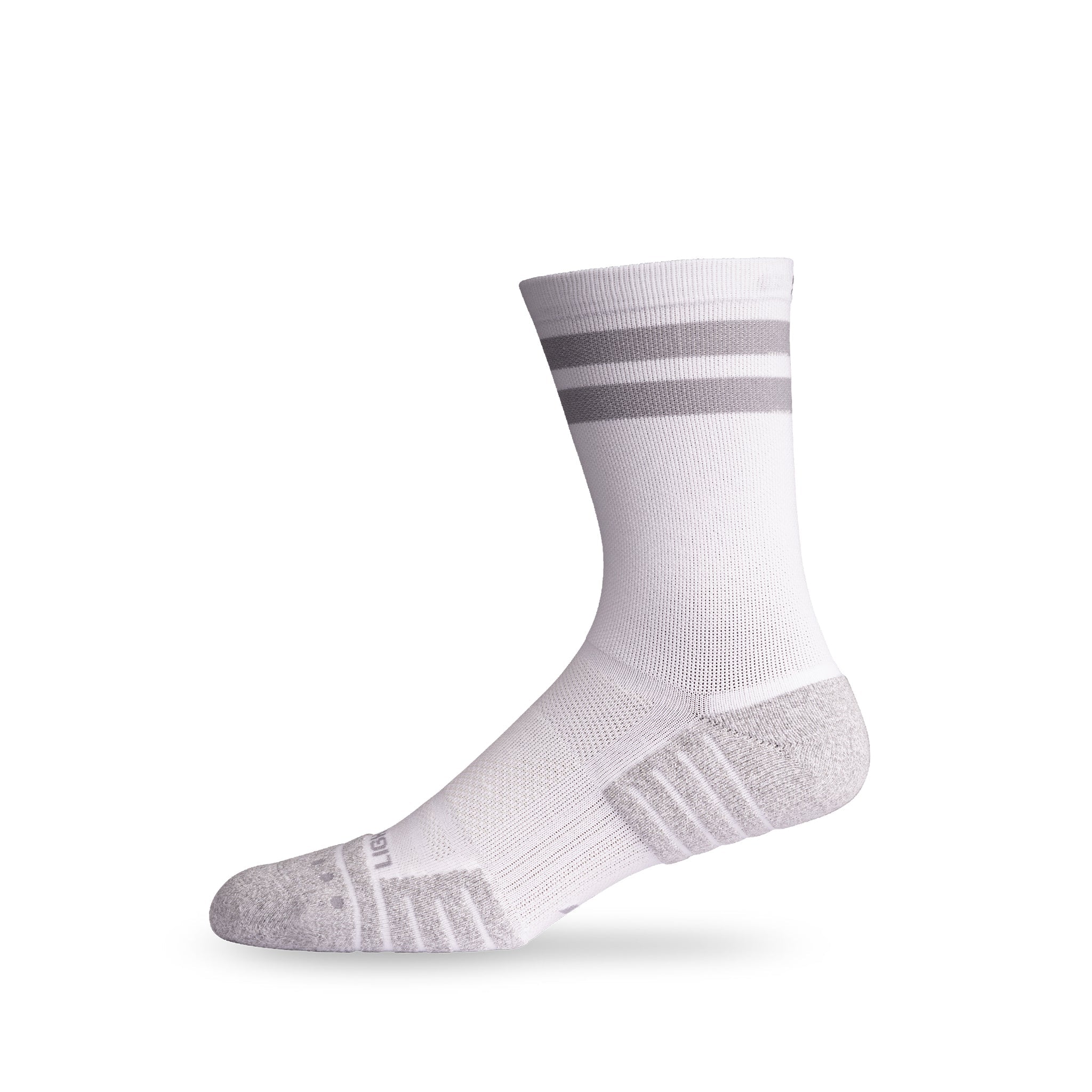 Side view of Lightfeet Performance 2 Stripes White Half Crew Sock