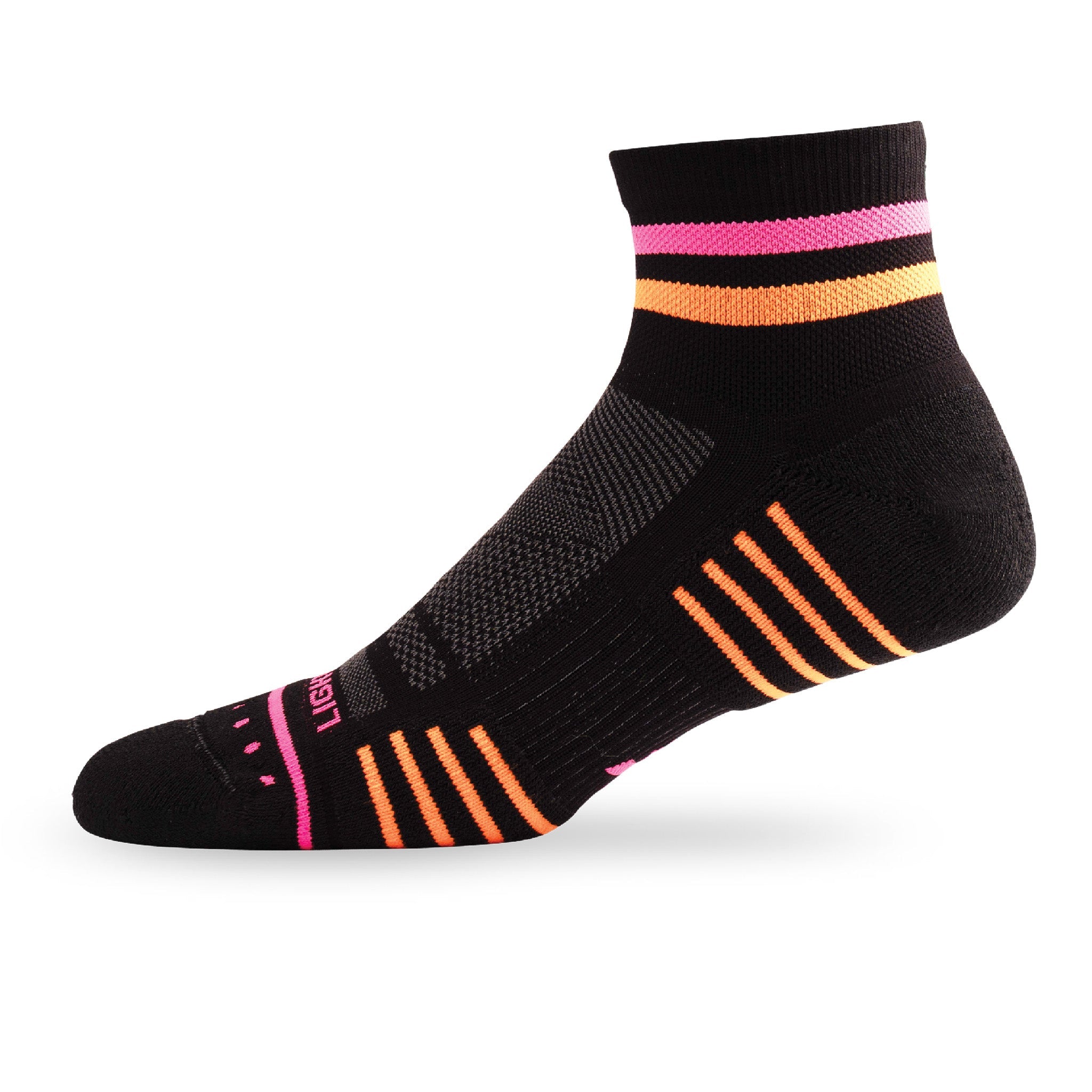Side view of Lightfeet Performance 2 Stripes Black Pink Orange Quarter Socks