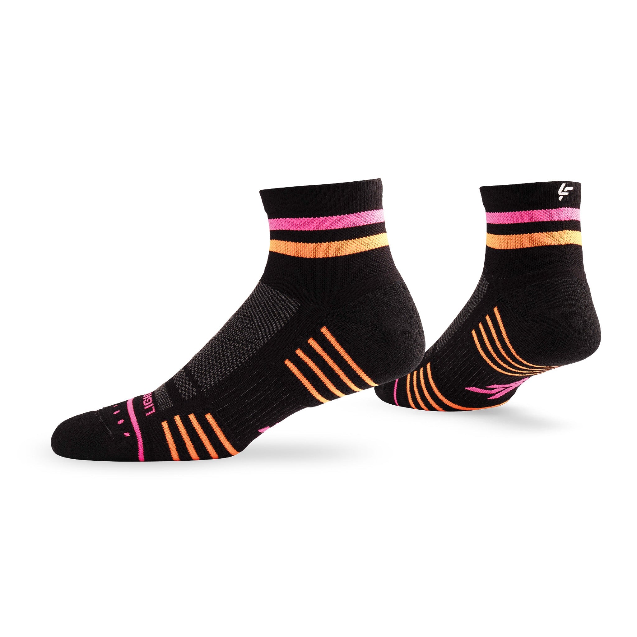 Pair of Lightfeet Performance 2 Stripes Black Pink Orange Quarter Socks