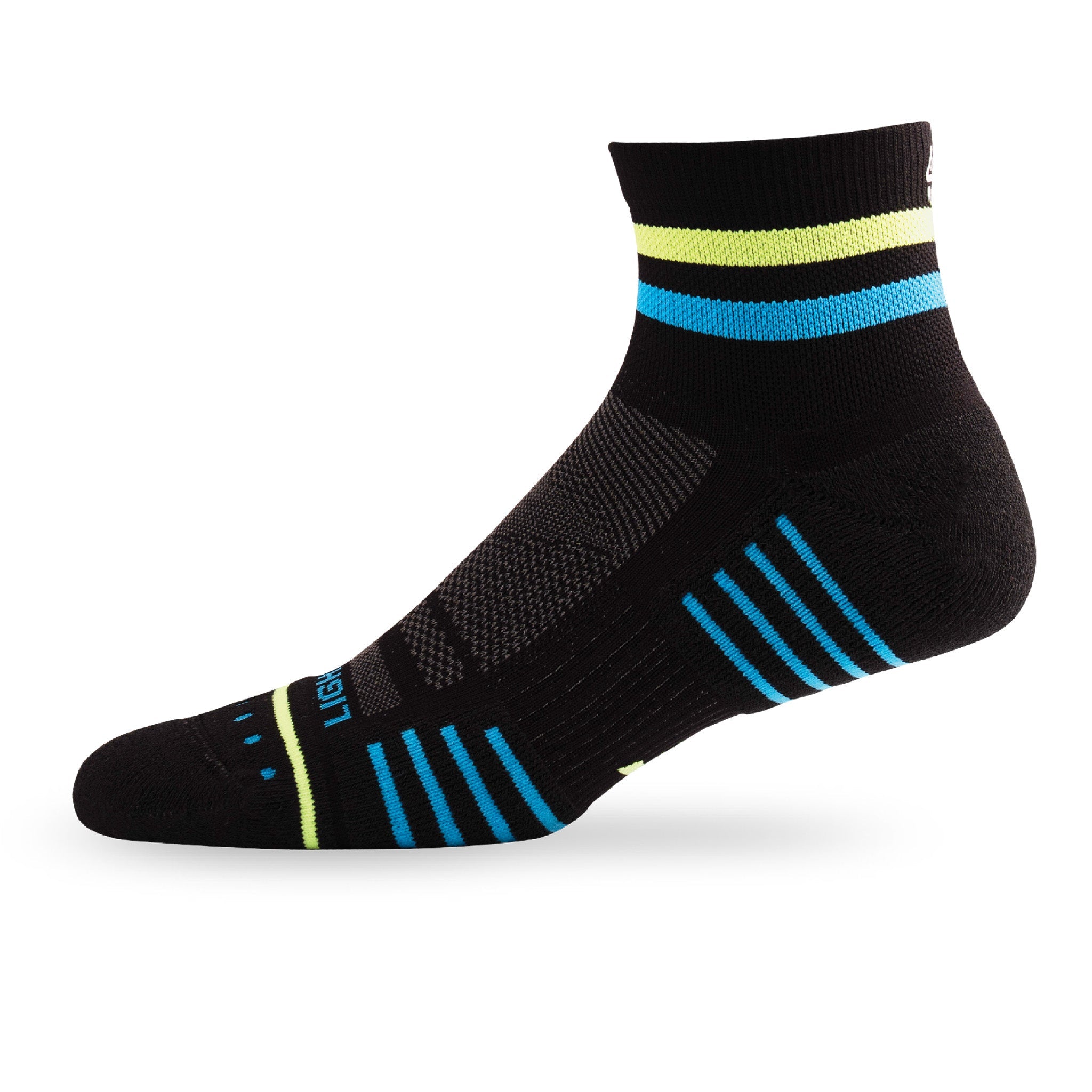Side view of Lightfeet Performance 2 Stripes Black Yellow Aqua Quarter Socks