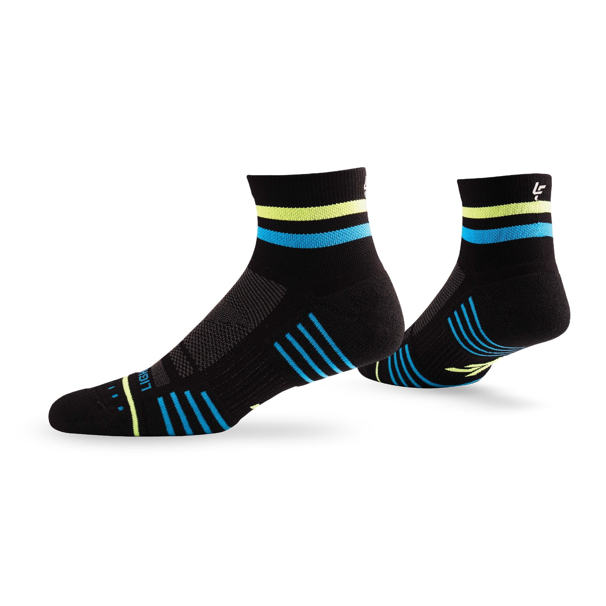 Pair of Lightfeet Performance 2 Stripes Black Yellow Aqua Quarter Socks