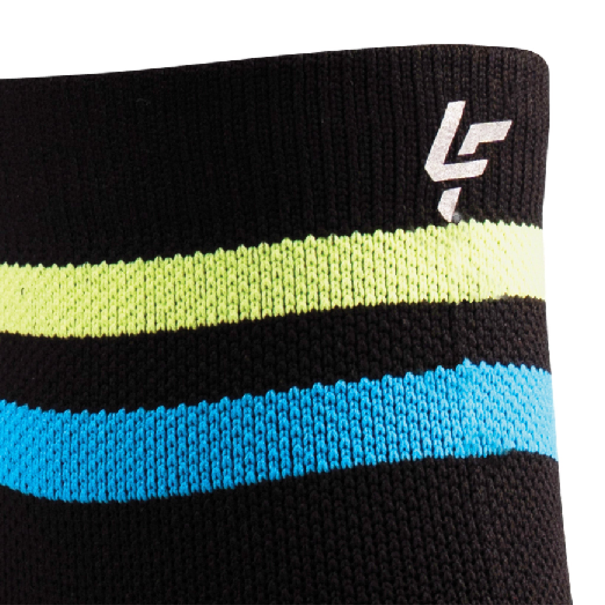 Close up view of reflective print symbol on Lightfeet Performance 2 Stripes Black Yellow Aqua Quarter Socks