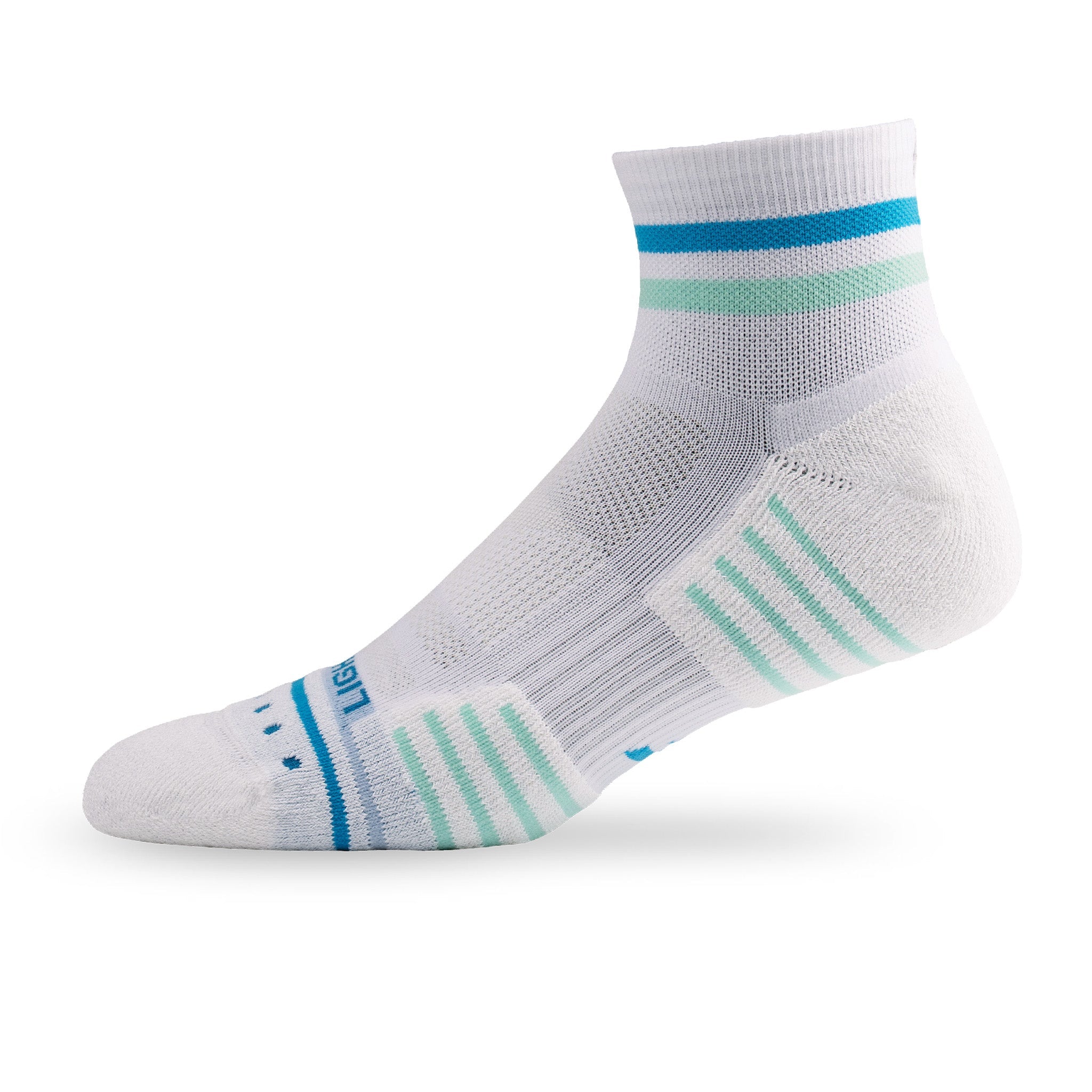 Side view of Lightfeet Performance 2 Stripes White Blue Glacier Quarter Socks