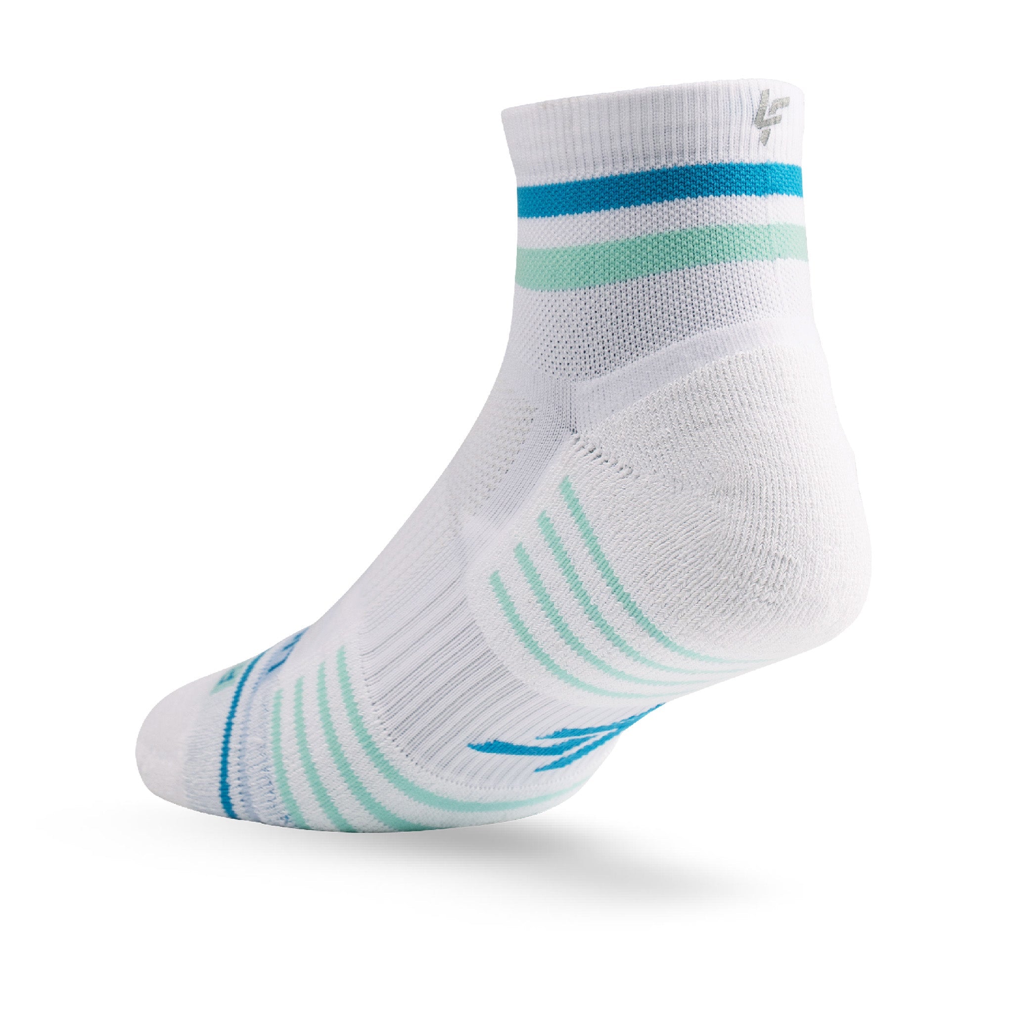 Heel view of Lightfeet Performance 2 Stripes White Blue Glacier Quarter Socks