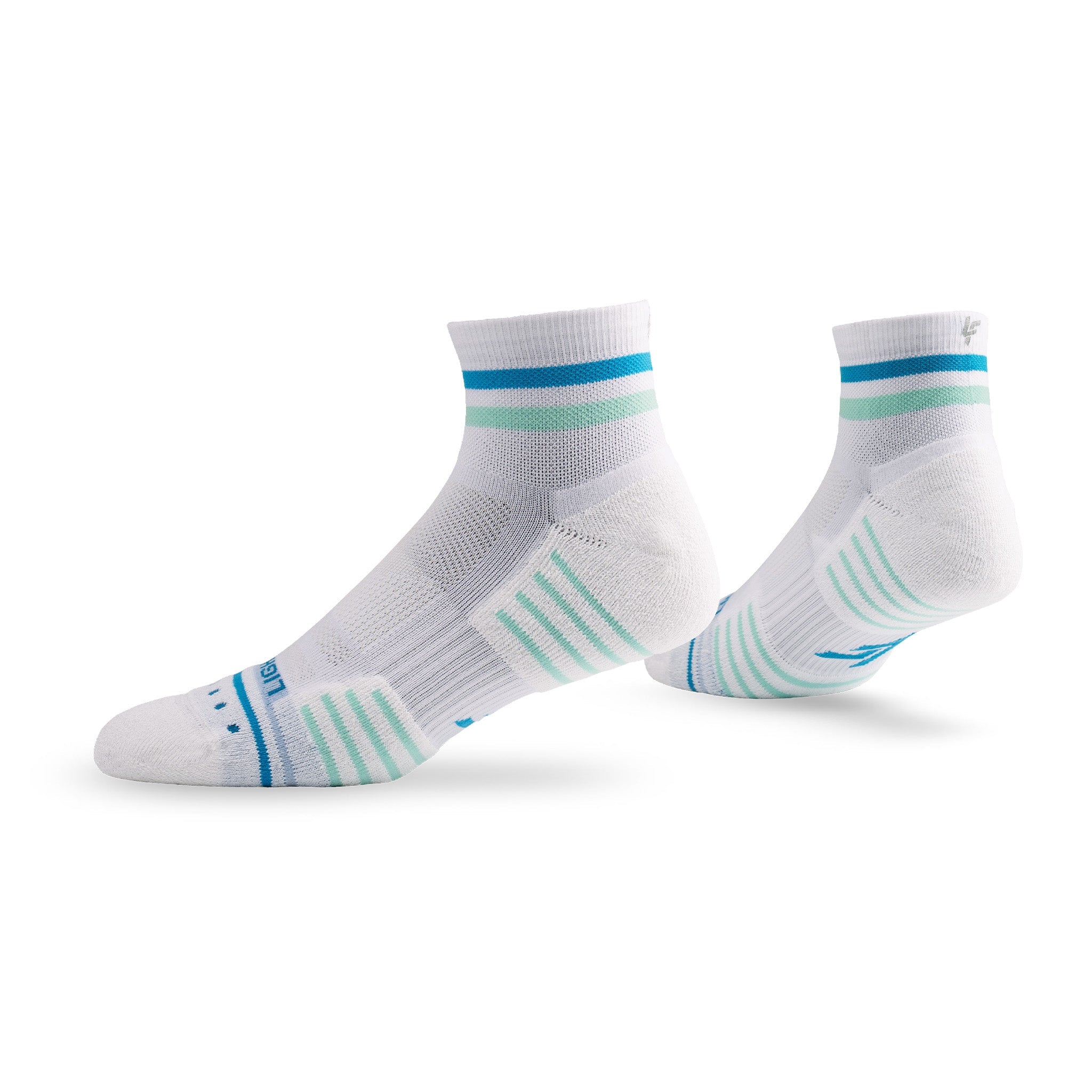 Pair of Lightfeet Performance 2 Stripes White Blue Glacier Quarter Socks