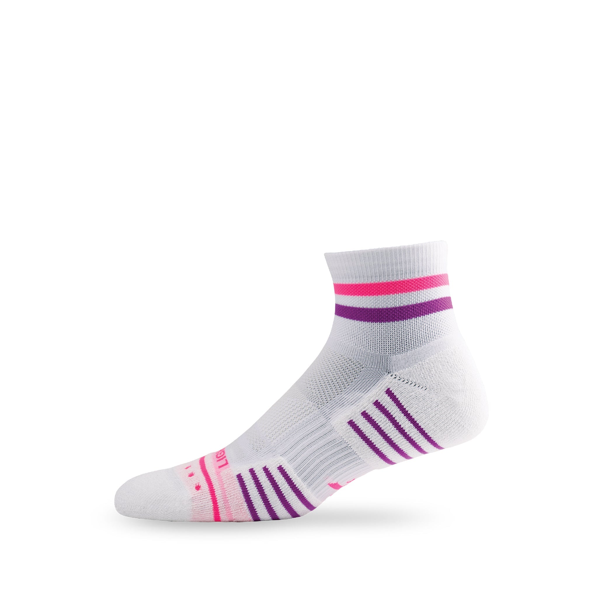 Side view of Lightfeet Performance 2 Stripes White Pink Purple Quarter Socks