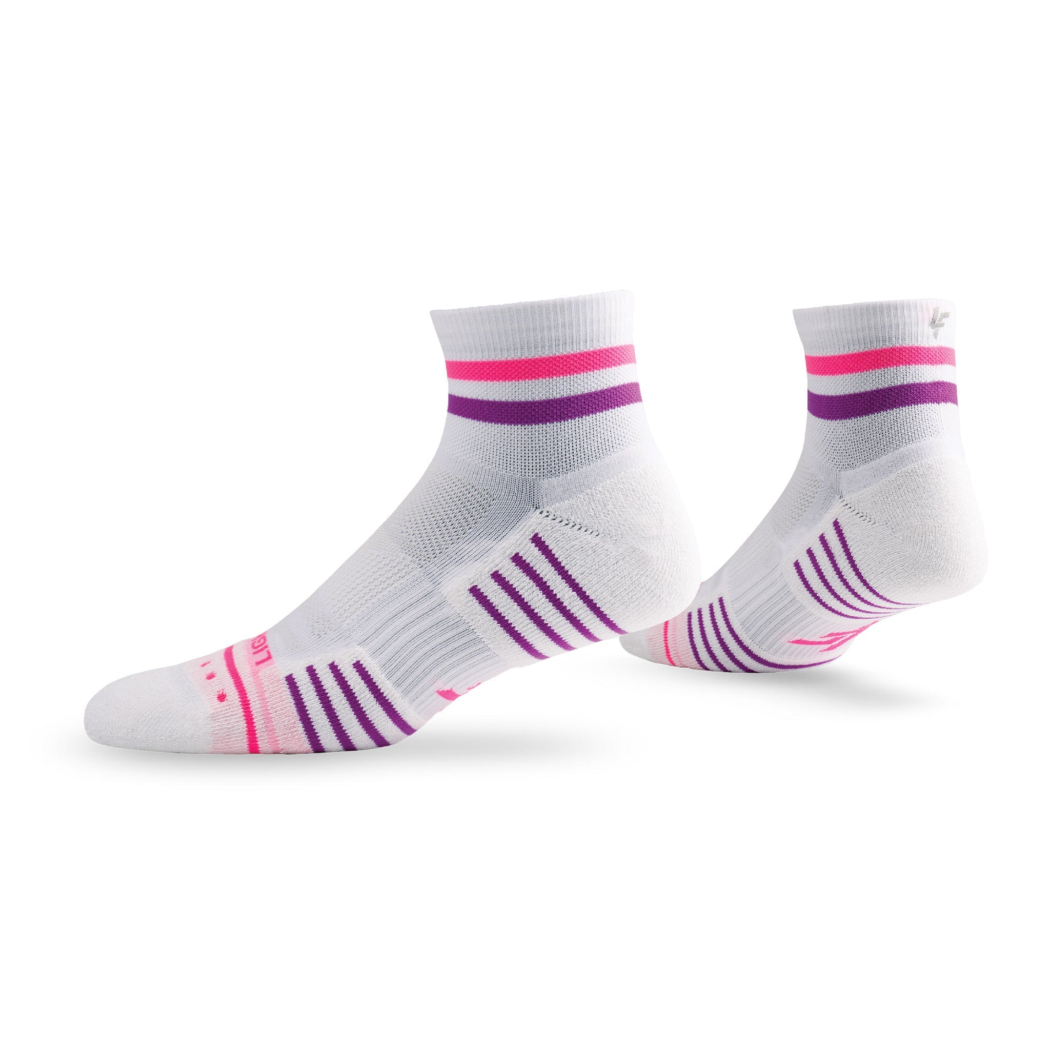 Pair of Lightfeet Performance 2 Stripes White Pink Purple Quarter Socks