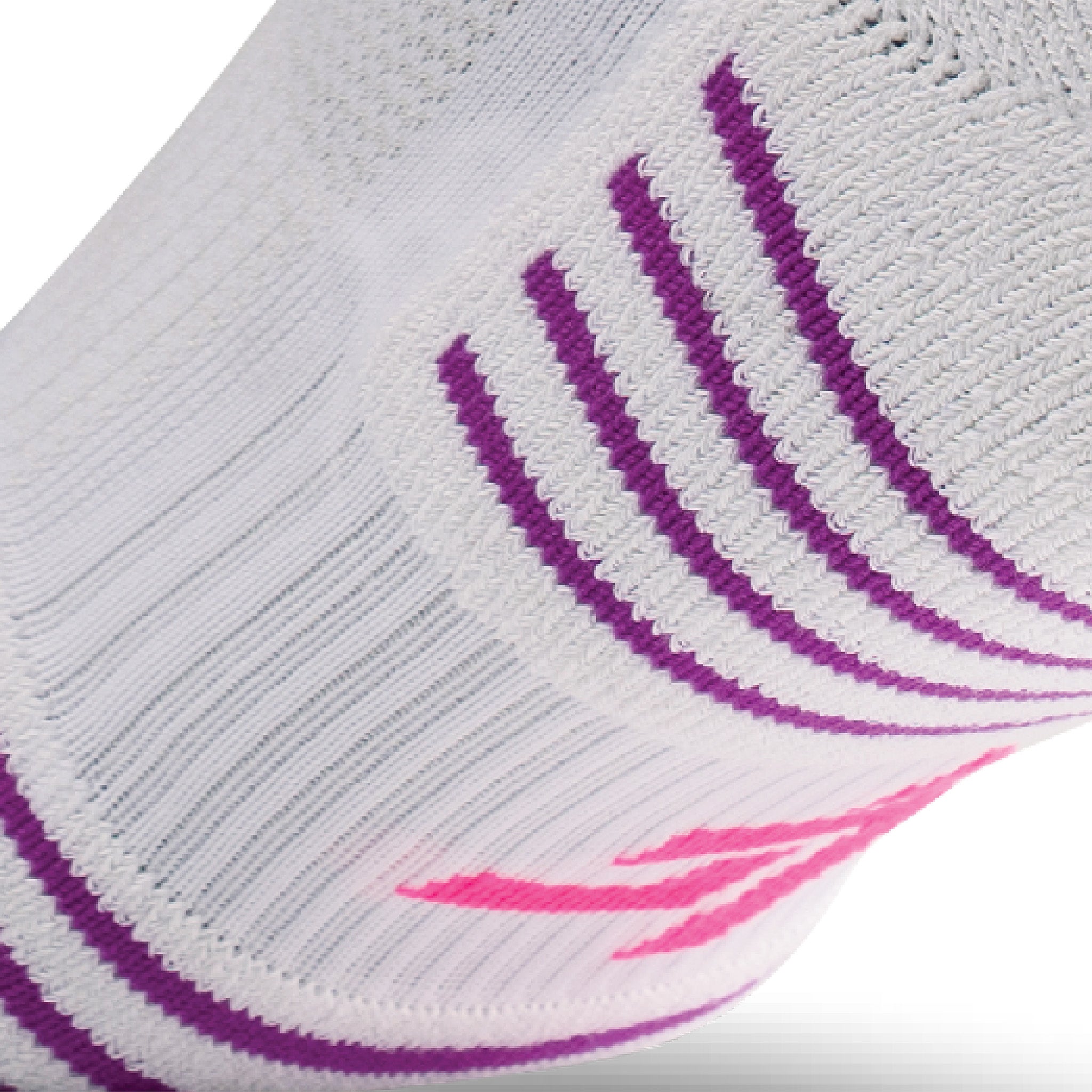 Close up view of elastic arch of Lightfeet Performance 2 Stripes White Pink Purple Quarter Socks