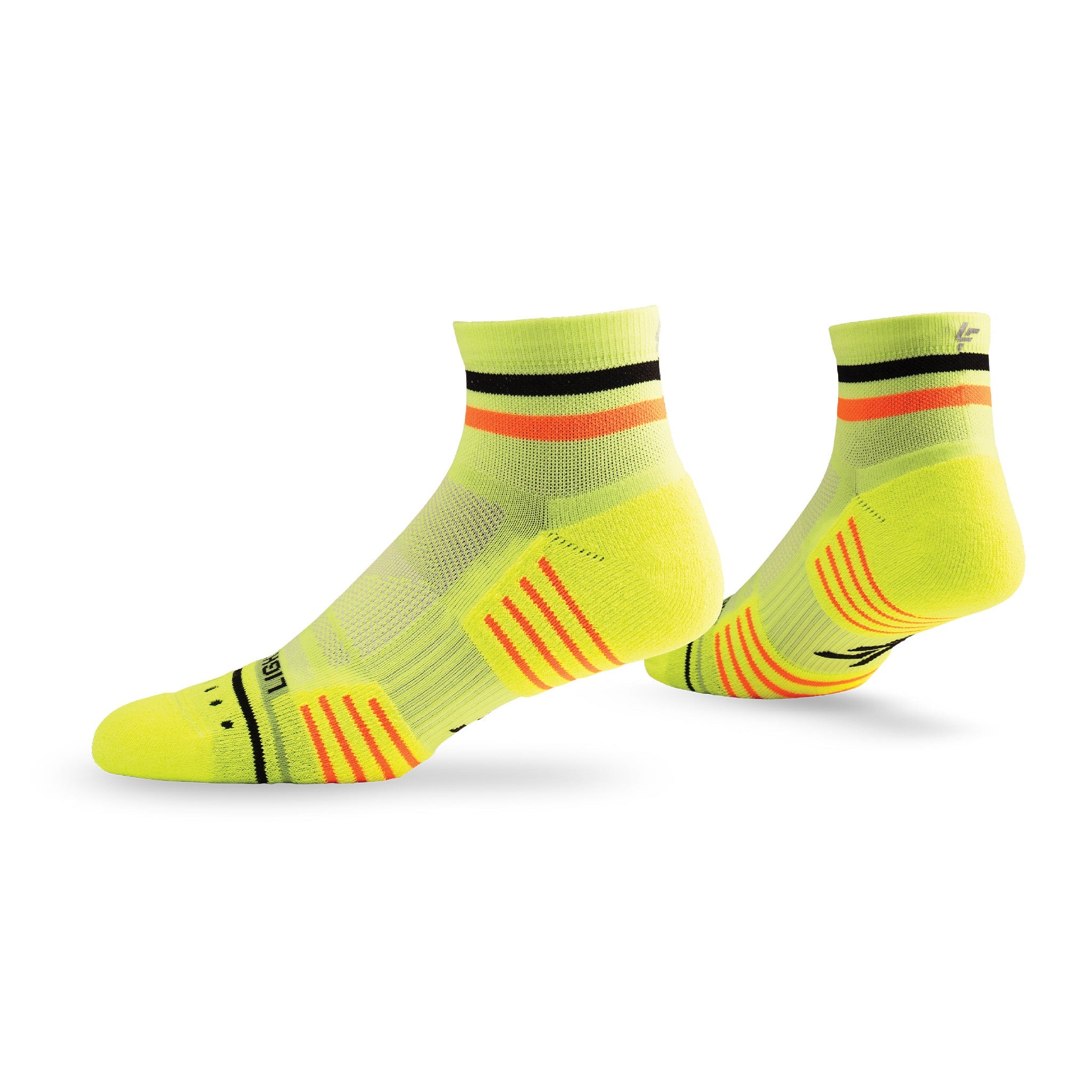 Pair of Lightfeet Performance 2 Stripes Yellow Black Orange Quarter Socks