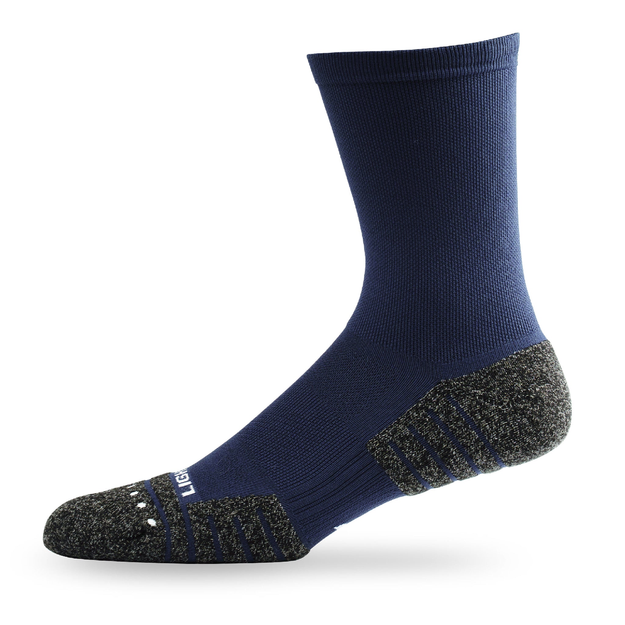 Side view of Lightfeet Performance Navy Half Crew Sock