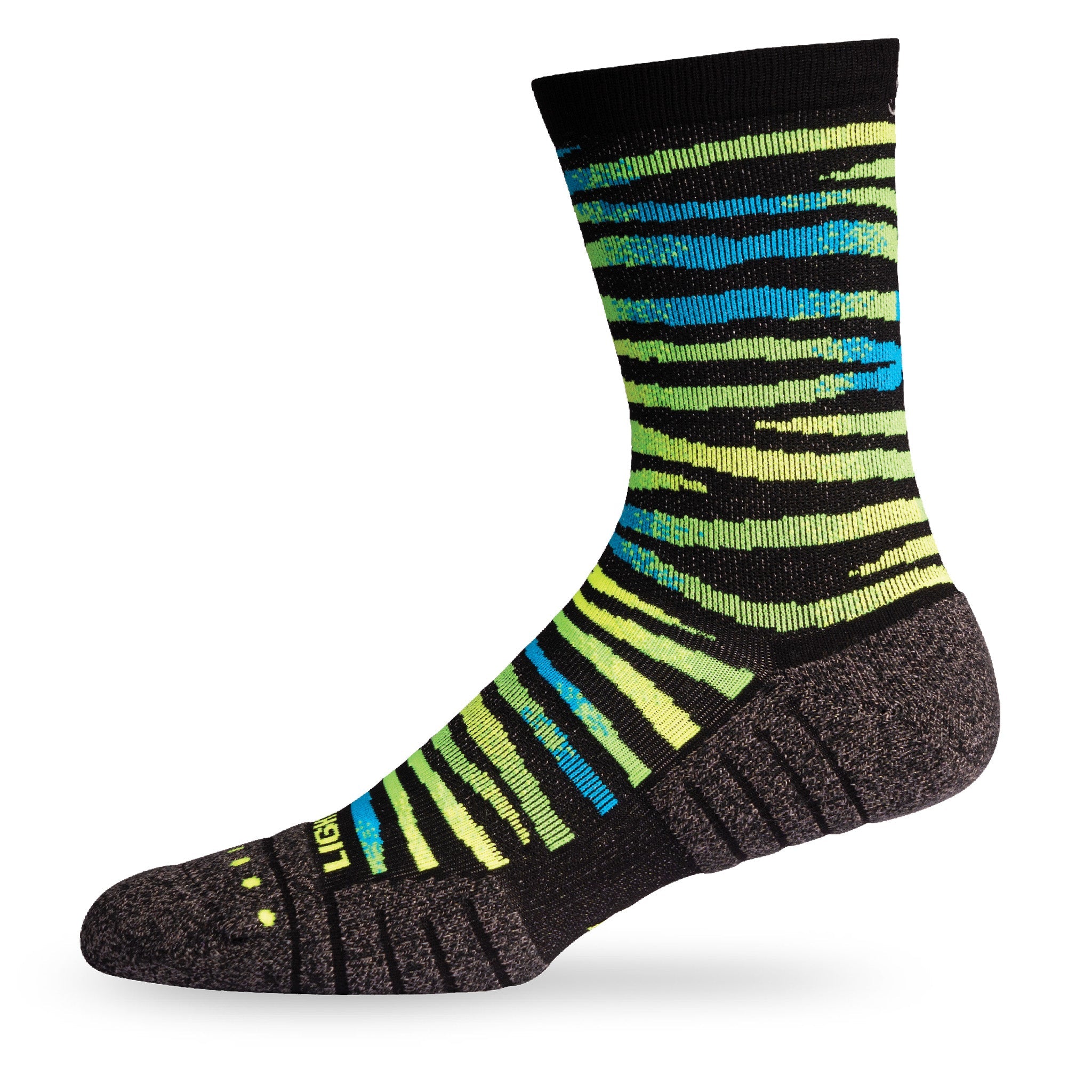 Side view of Lightfeet Performance Predator Black Yellow Aqua Half Crew Sock