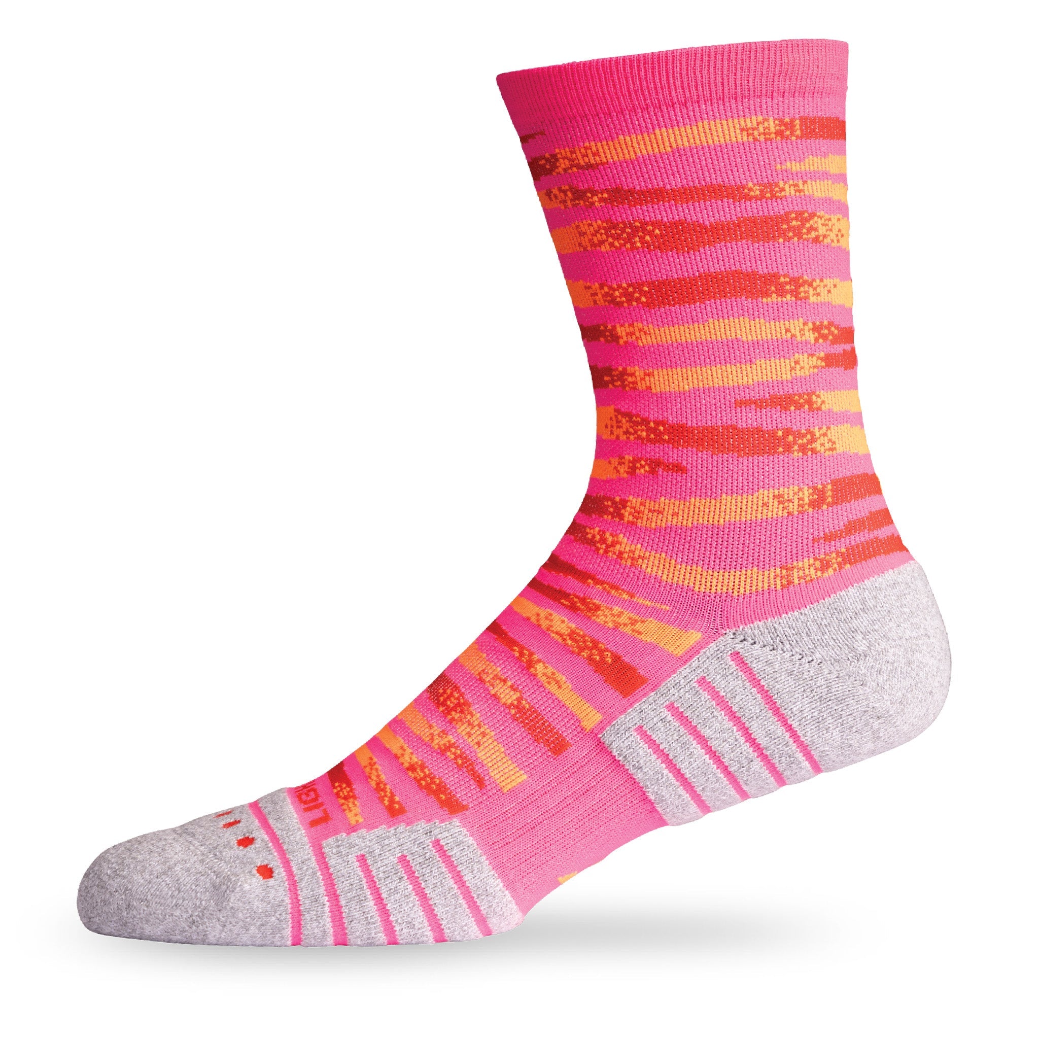 Side view of Lightfeet Performance Predator Pink Red Orange Half Crew Sock