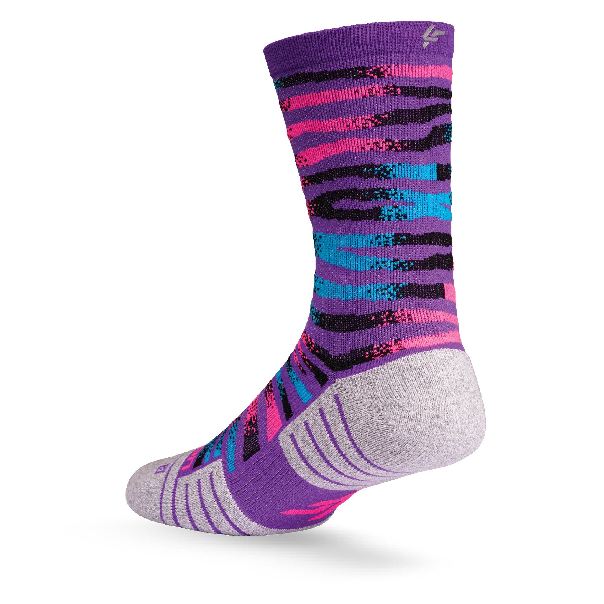 Heel view of Lightfeet Performance Predator Purple Aqua Pink Half Crew Sock