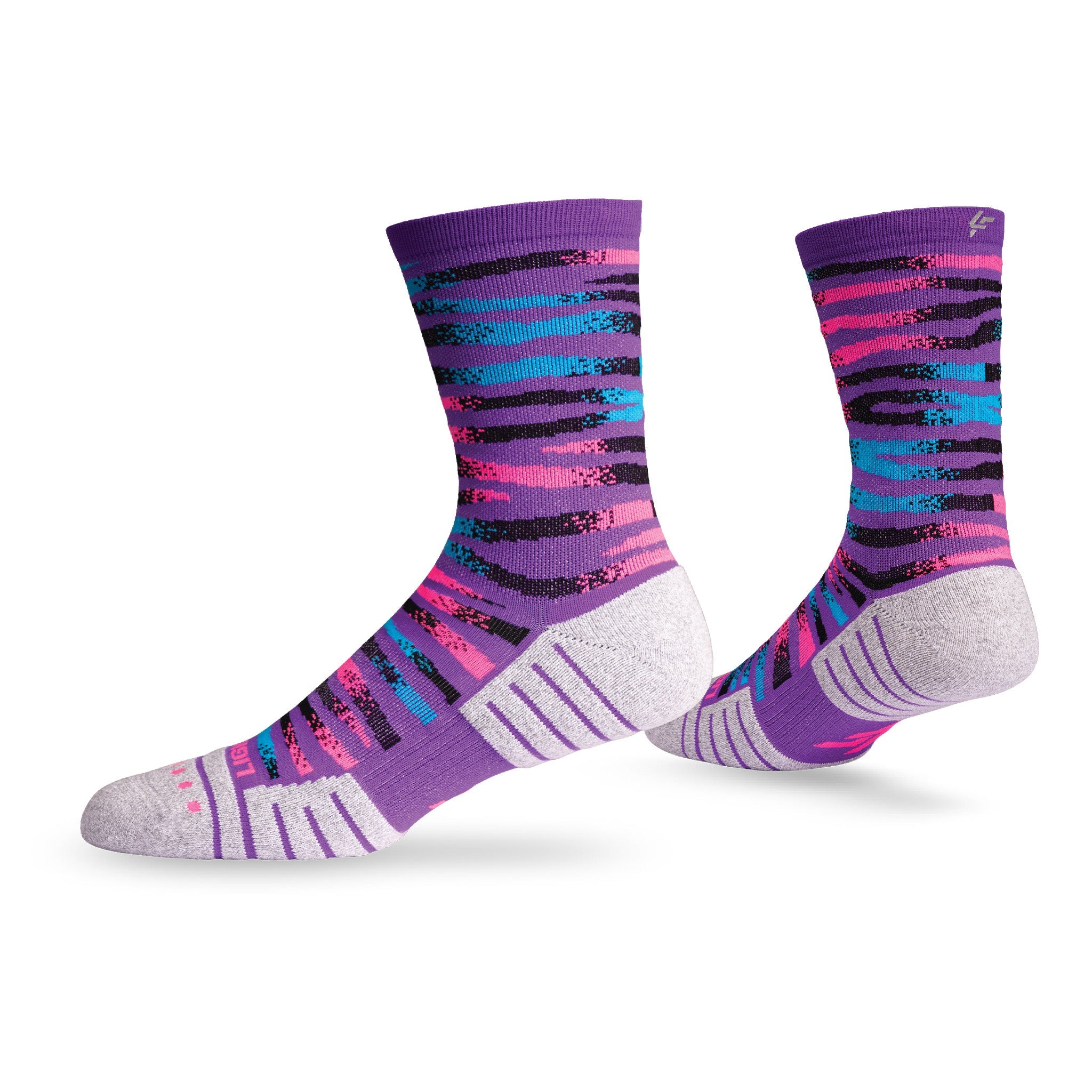Pair of Lightfeet Performance Predator Purple Aqua Pink Half Crew Socks